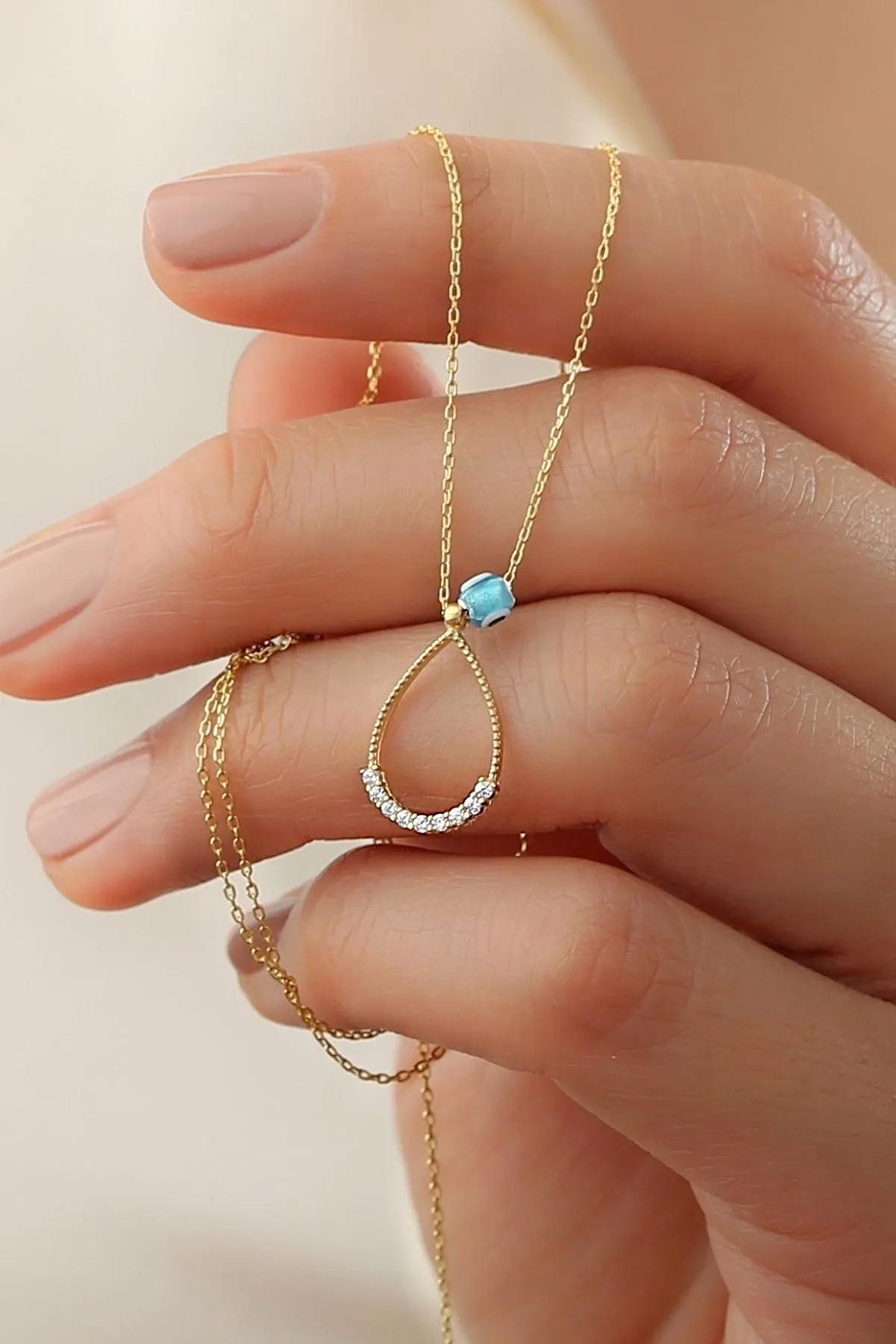 925 Ayar Nazar Boncuklu Damla Gold Kadın Gümüş Kolye