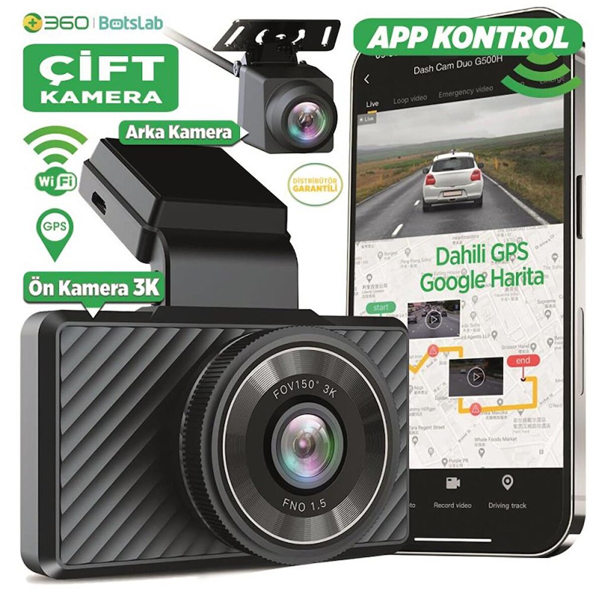 360+ G500H Pro Ön 3K QHD - Arka 1080P FHD 150° Geniş Açı Lens Gece Görüşlü Dahili Gps Modülü Akıllı Araç İçi Kamera