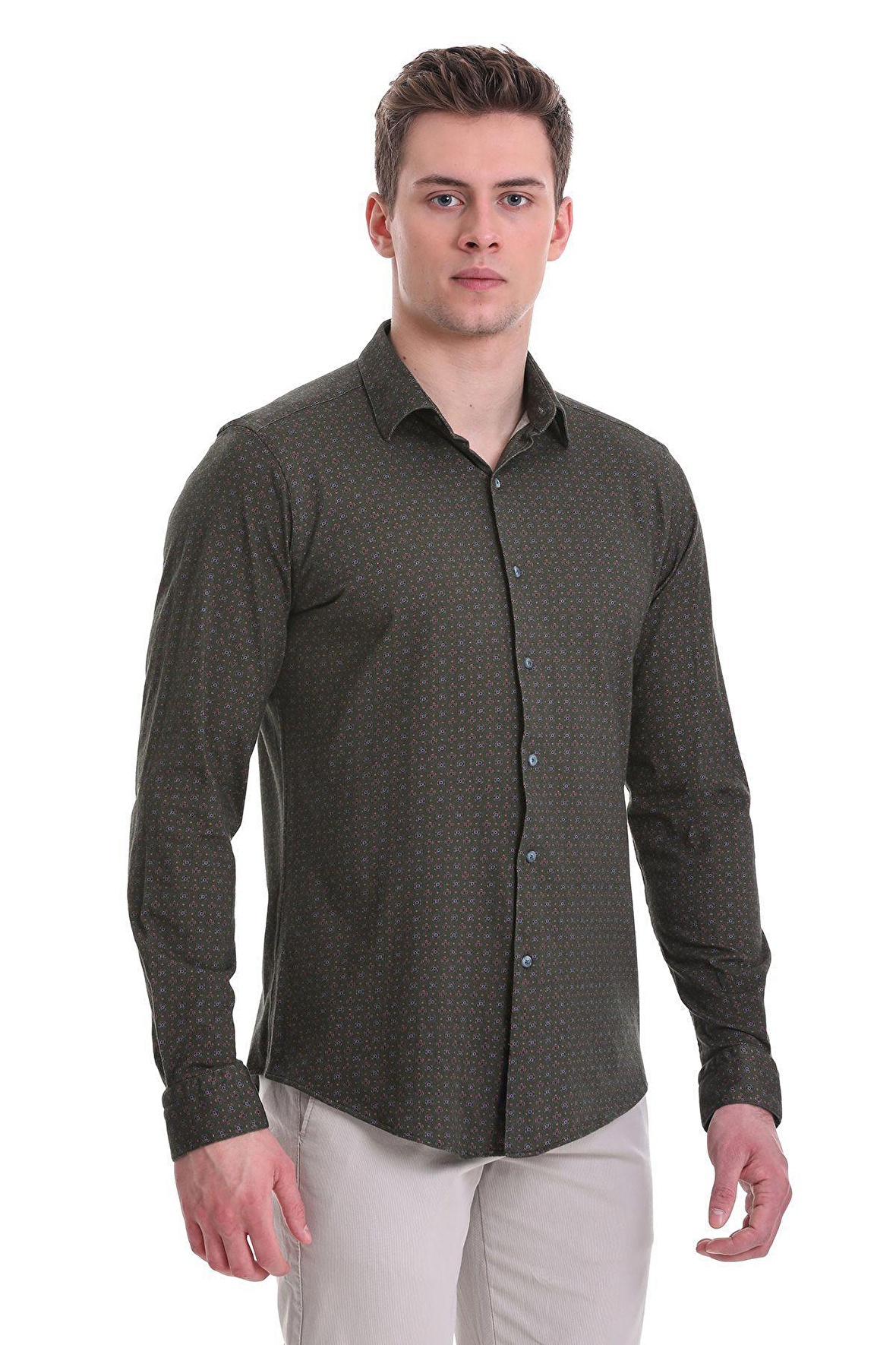 Yeşil Slim Fit Baskılı 100% Pamuklu Slim Yaka Uzun Kollu Baskılı Casual Gömlek | S
