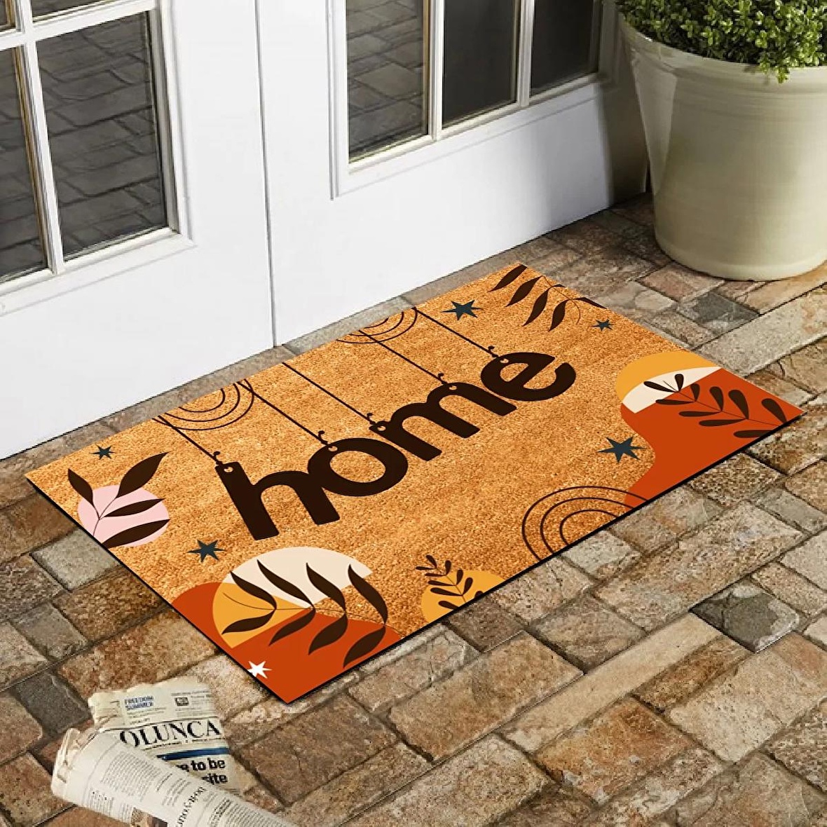 Esnature Home Bohem Temalı Dağ ve Yaprak Desenli Kapı Önü Paspası 45x70 Cm