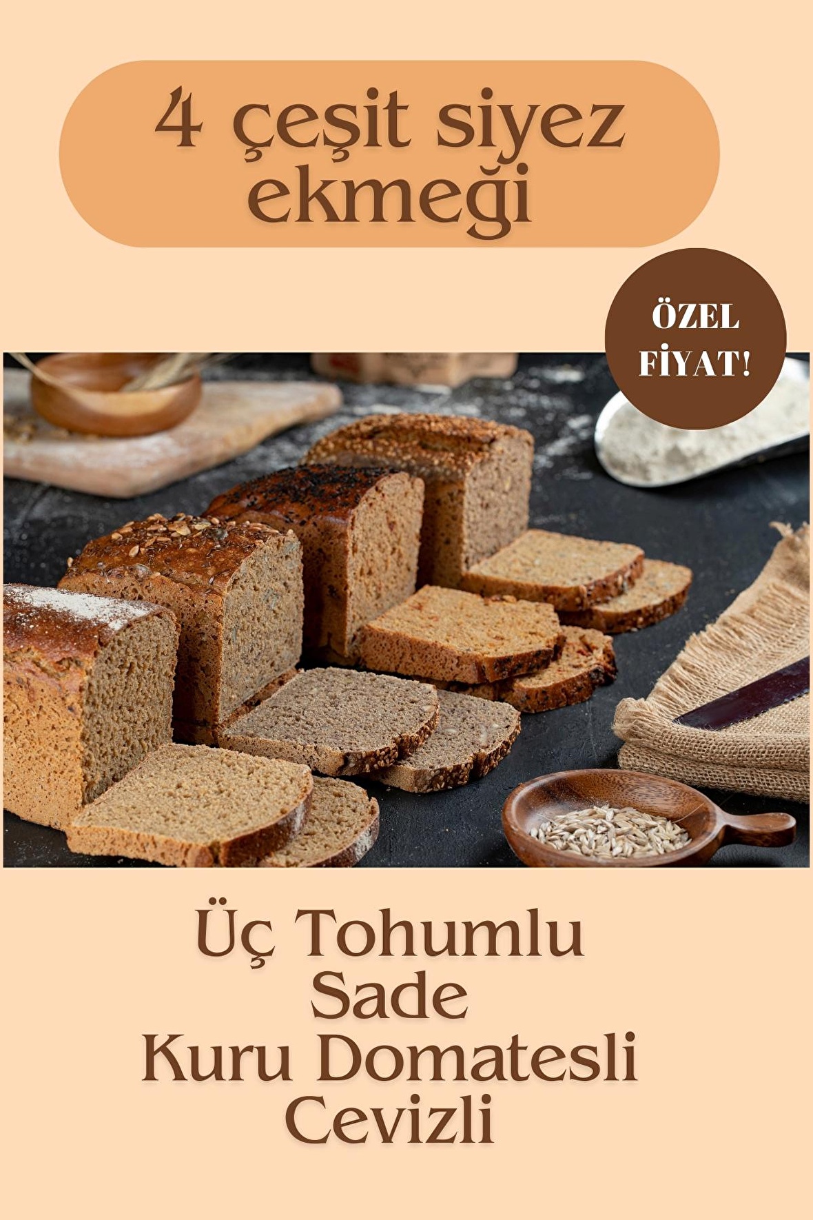 4 kg %100 Siyez Ekmeği 4’lü paket 4x1kg (Sade-Kuru domatesli- Üç Tohumlu-Cevizli)