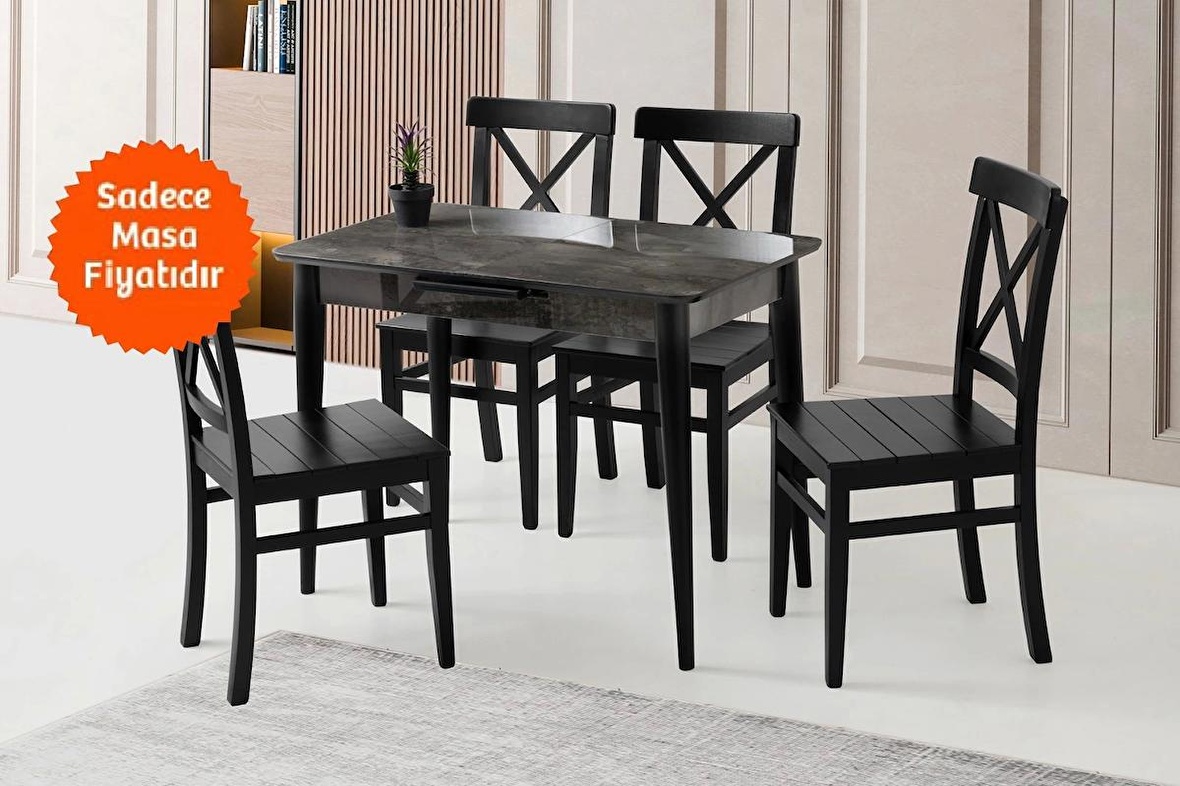 Ortadan Açılır Büyüyen Parlak Ahşap Yemek Masası Siyah Mermer Desenli 90x140cm SADECE MASA FİYATIDIR