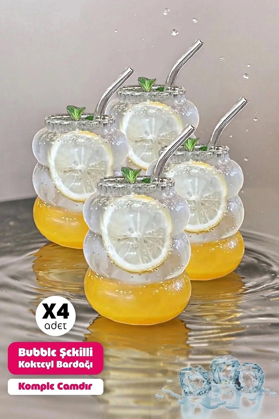 4lü Bubble Şekli Pipetli Cam Bardak Limonata Meşrubat Kokteyl Kahve Sunum Baloncuk Bardağı 500 ml.