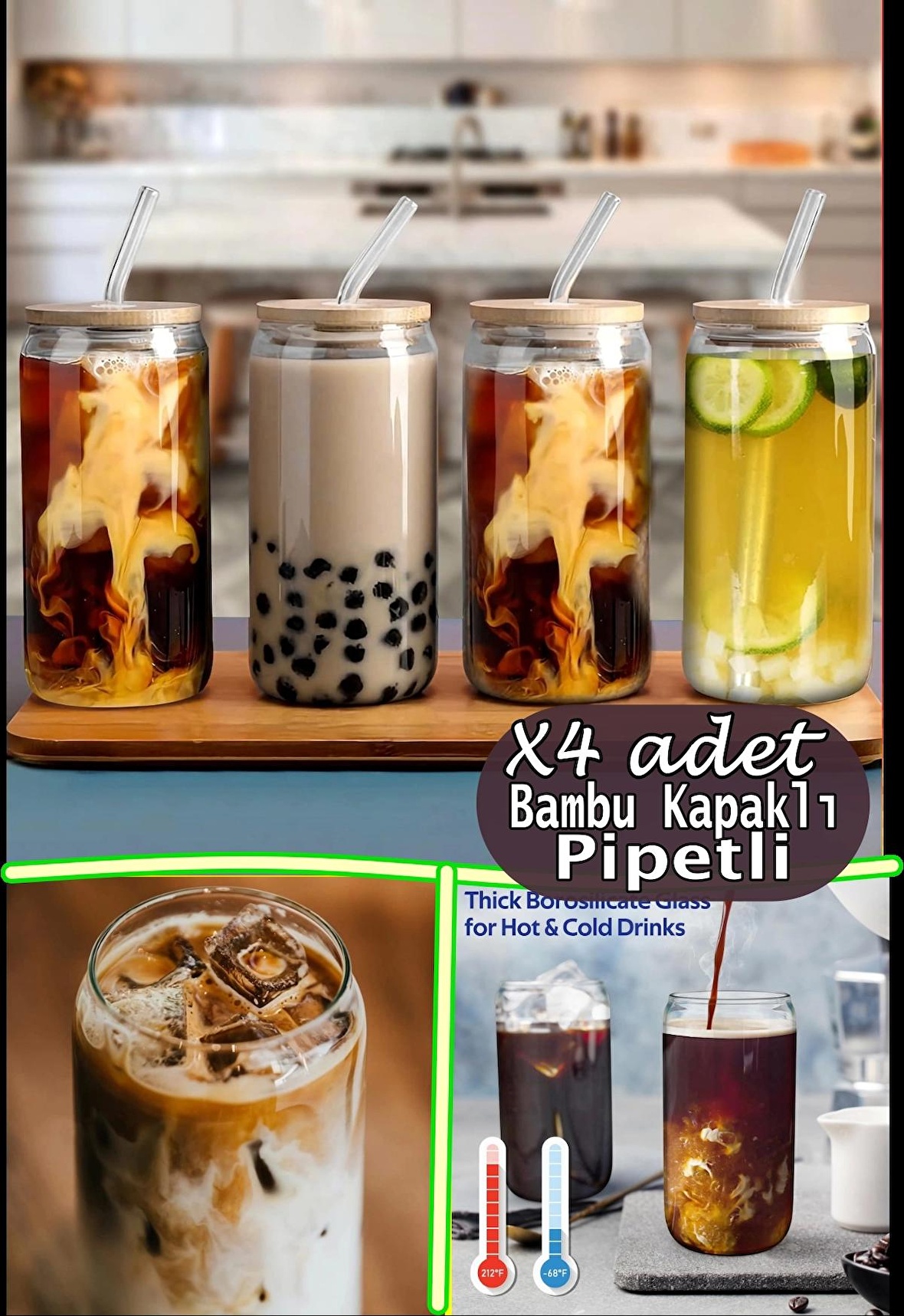 4lü Bambu Kapaklı Pipetli Cool Lime Bardak Seti Borosilikat Cam Pinterest Sunum Bardak Hediyelik