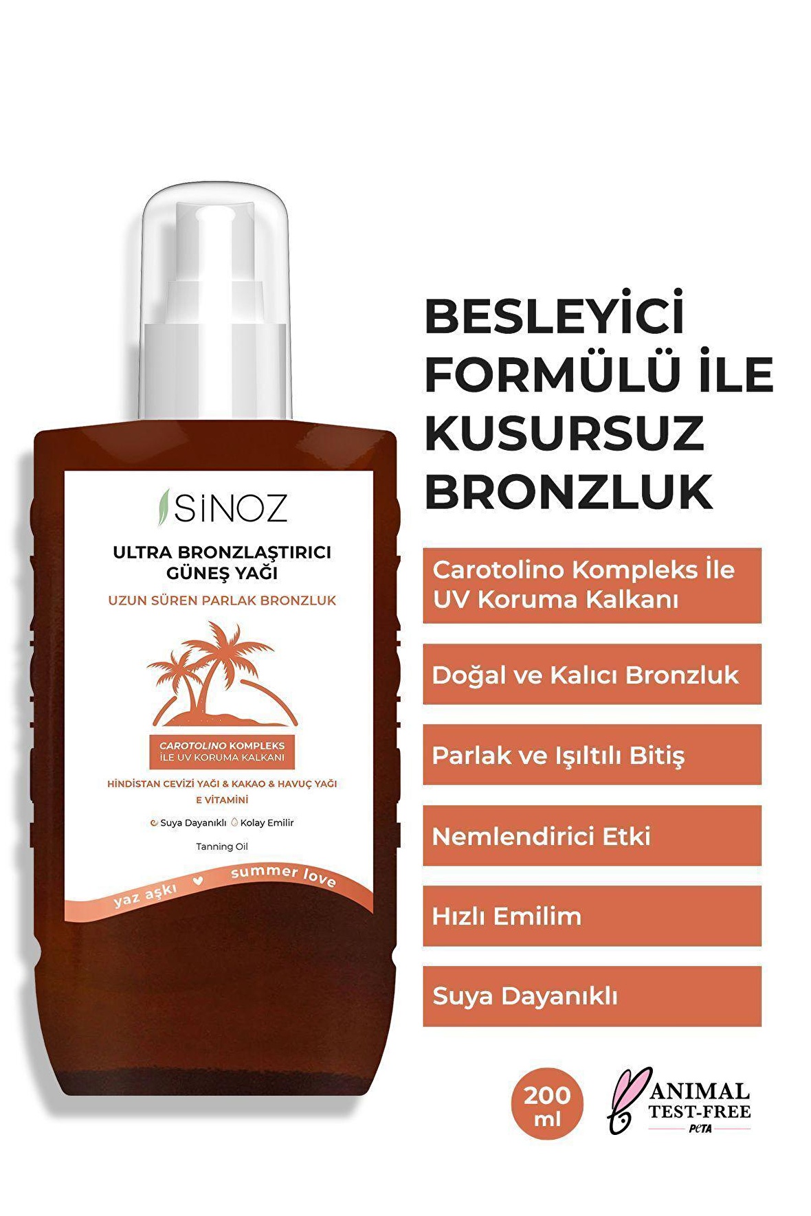 Sinoz Kusursuz Bronzlaştırıcı Güneş Yağı Spreyi 200 ml Hindistan Cevizi Kakao Havuç Yağı Içeren