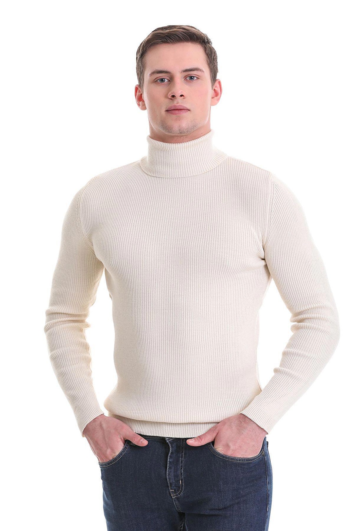 Bej Slim Fit Fitilli Balıkçı Yaka Yünlü Triko Kazak | XL