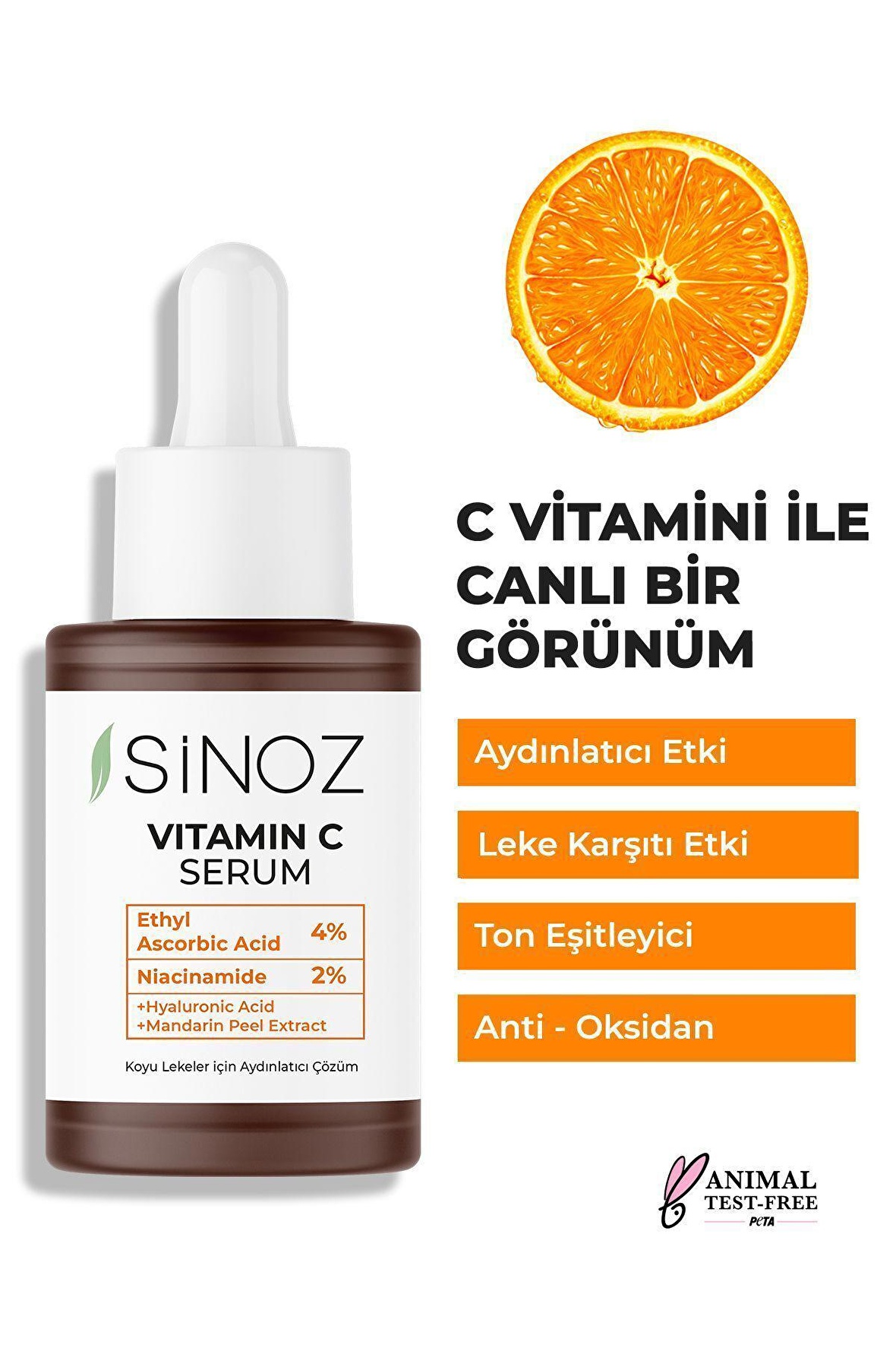 Sinoz Ton Eşitleyici Aydınlatıcı Vitamin C %4 Niacinamide %2 Yüz Serumu 30 ml Tüm Ciltler Için