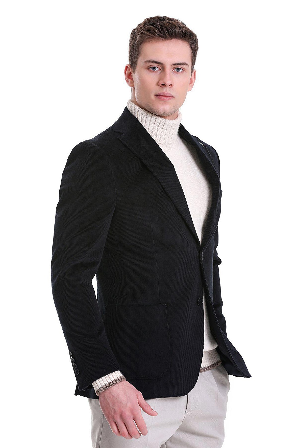 Lacivert Slim Fit Düz Mono Yaka Pamuklu Kadife Ceket | 46