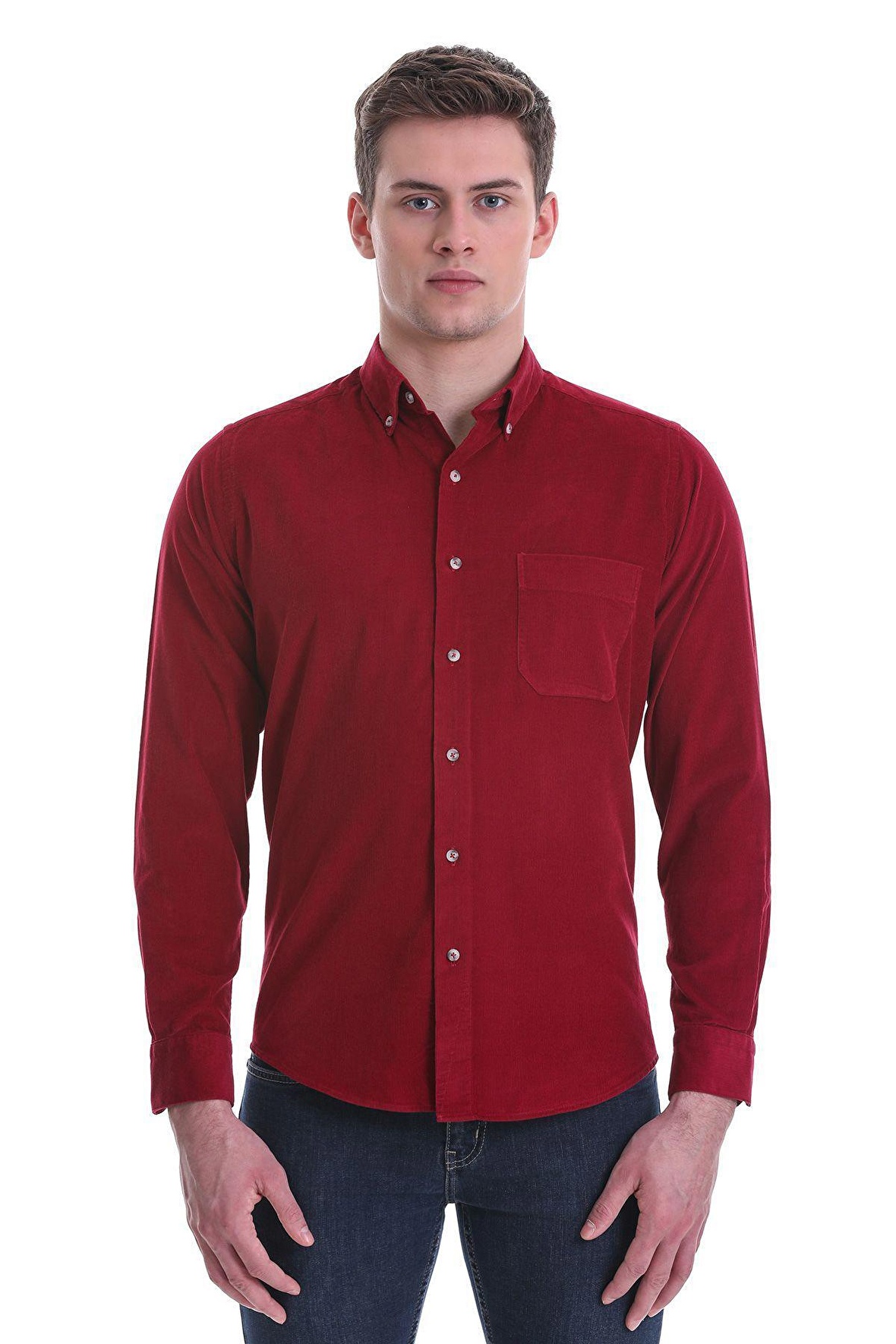 Bordo Slim Fit Düz 100% Pamuklu Düğmeli Yaka Uzun Kollu Klasik Gömlek | XS