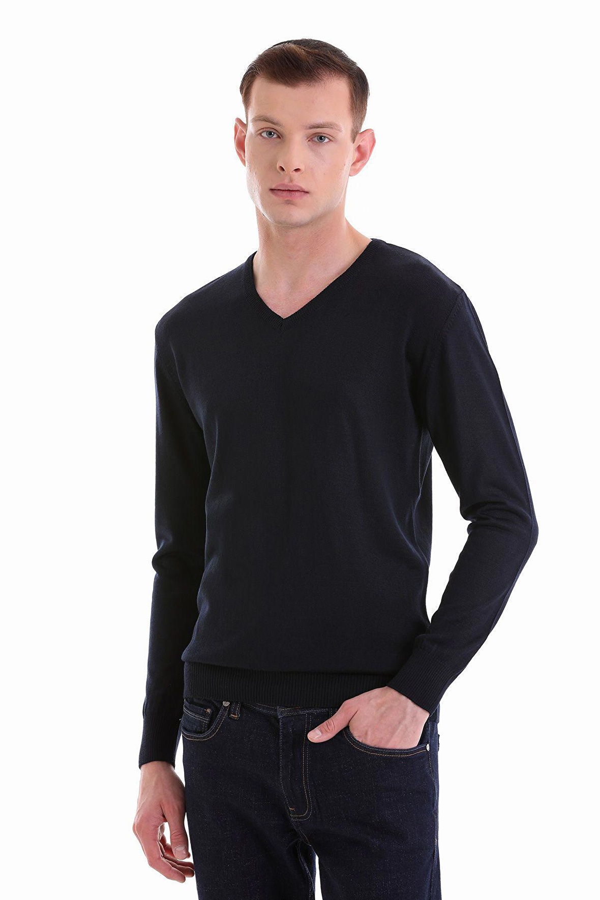 Lacivert Regular Fit Düz V Yaka Yünlü Triko Kazak | 3XL
