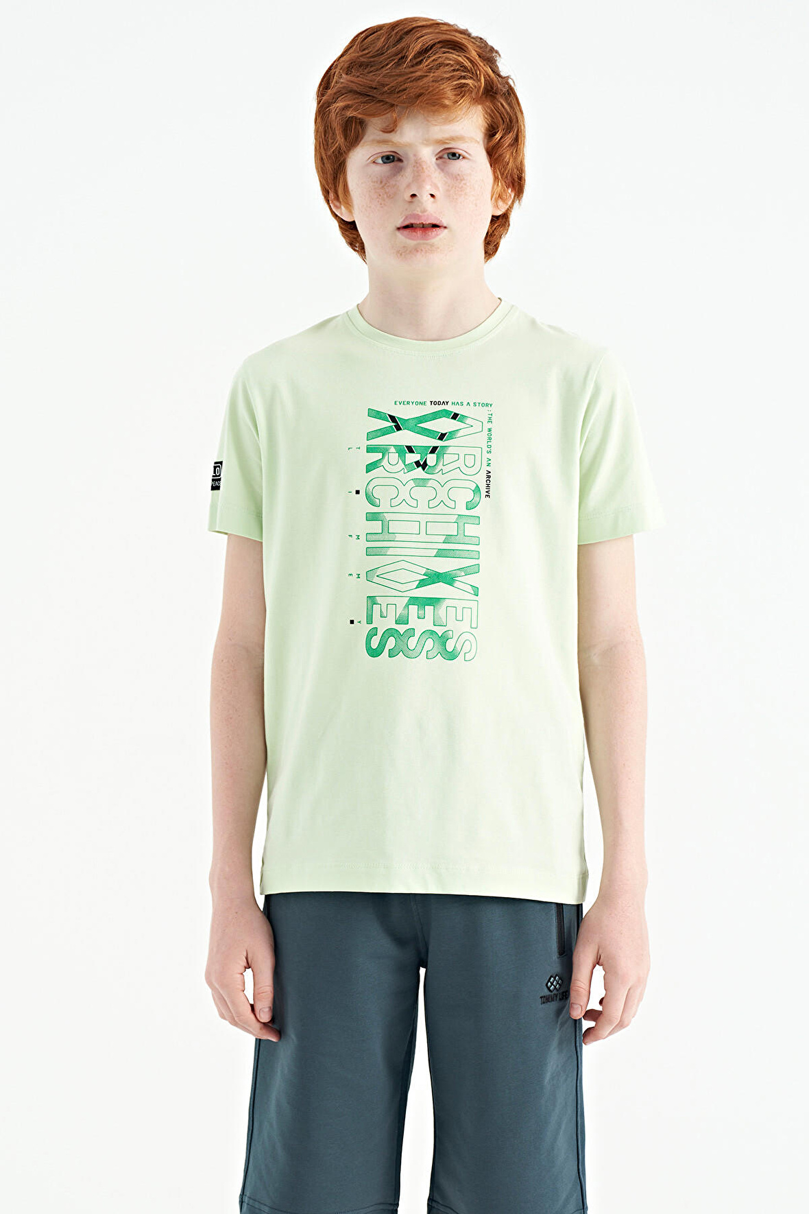 Açık Yeşil Ön Baskı Detaylı O Yaka Standart Kalıp Erkek Çocuk T-Shirt - 11099