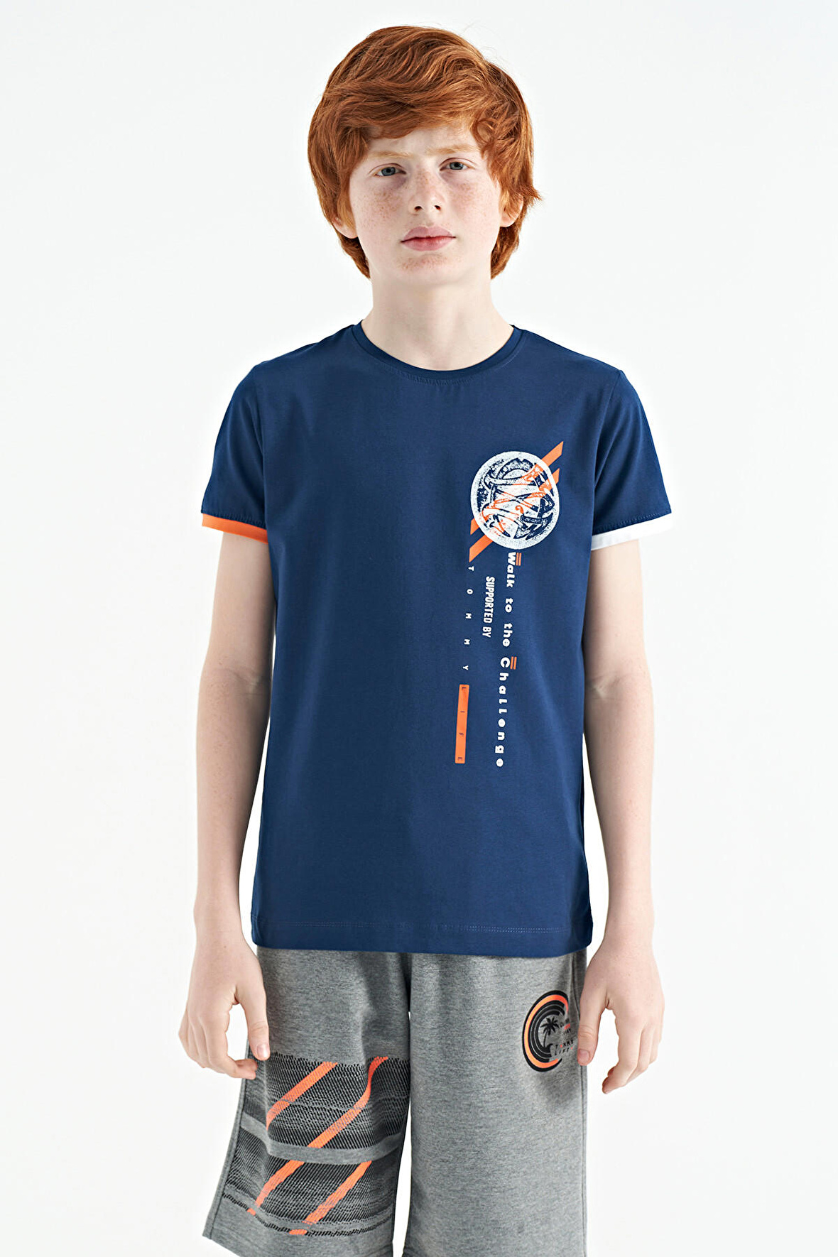 İndigo Baskı Detaylı O Yaka Standart Kalıp Erkek Çocuk T-Shirt - 11131