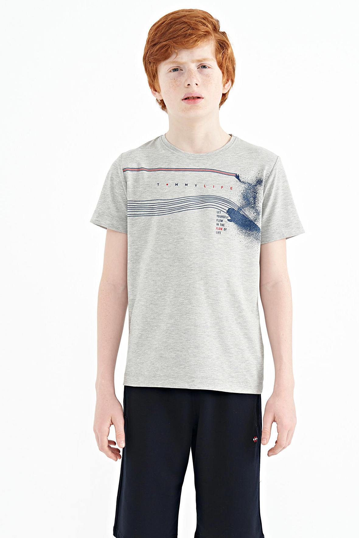 Gri Melanj Baskı Detaylı Standart Kalıp O Yaka Erkek Çocuk T-Shirt - 11133
