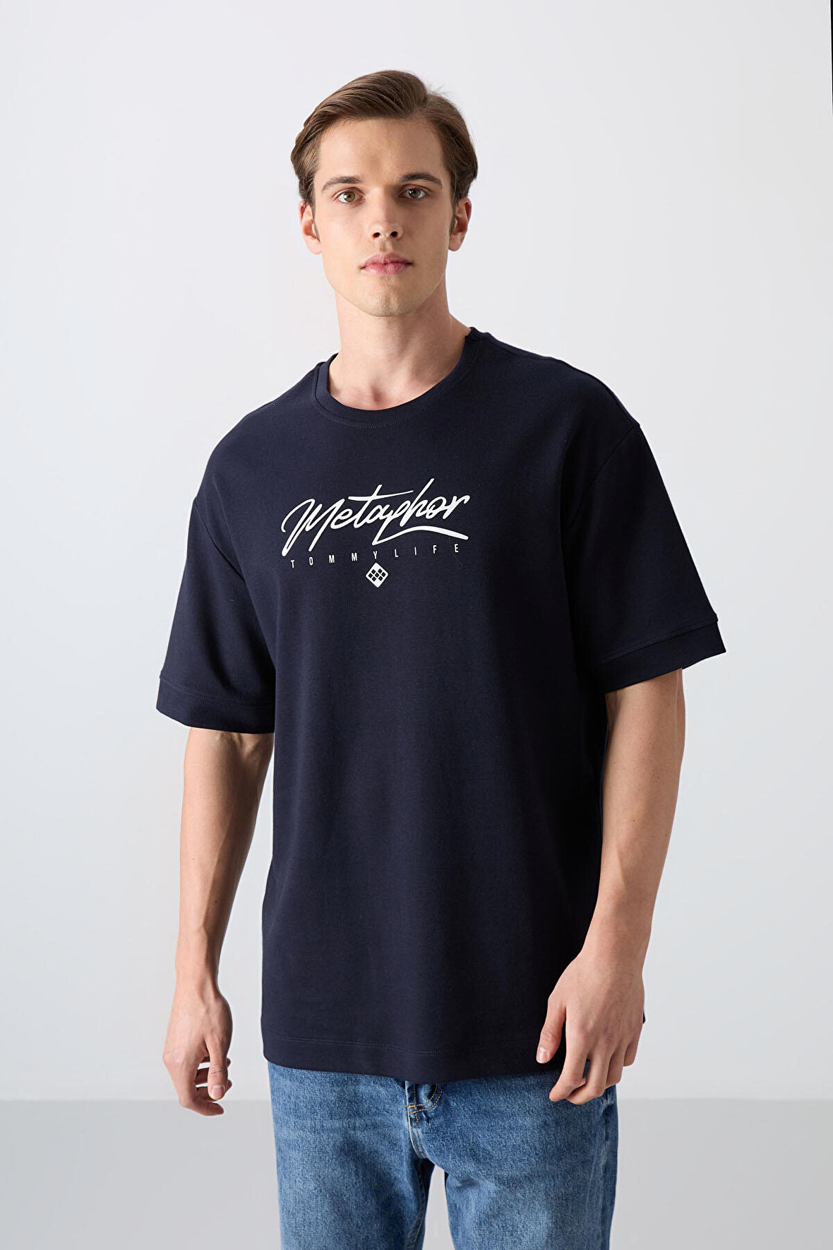 Lacivert Pamuklu Kalın Yumuşak Dokulu Oversize Fit Baskılı Erkek T-Shirt - 88320