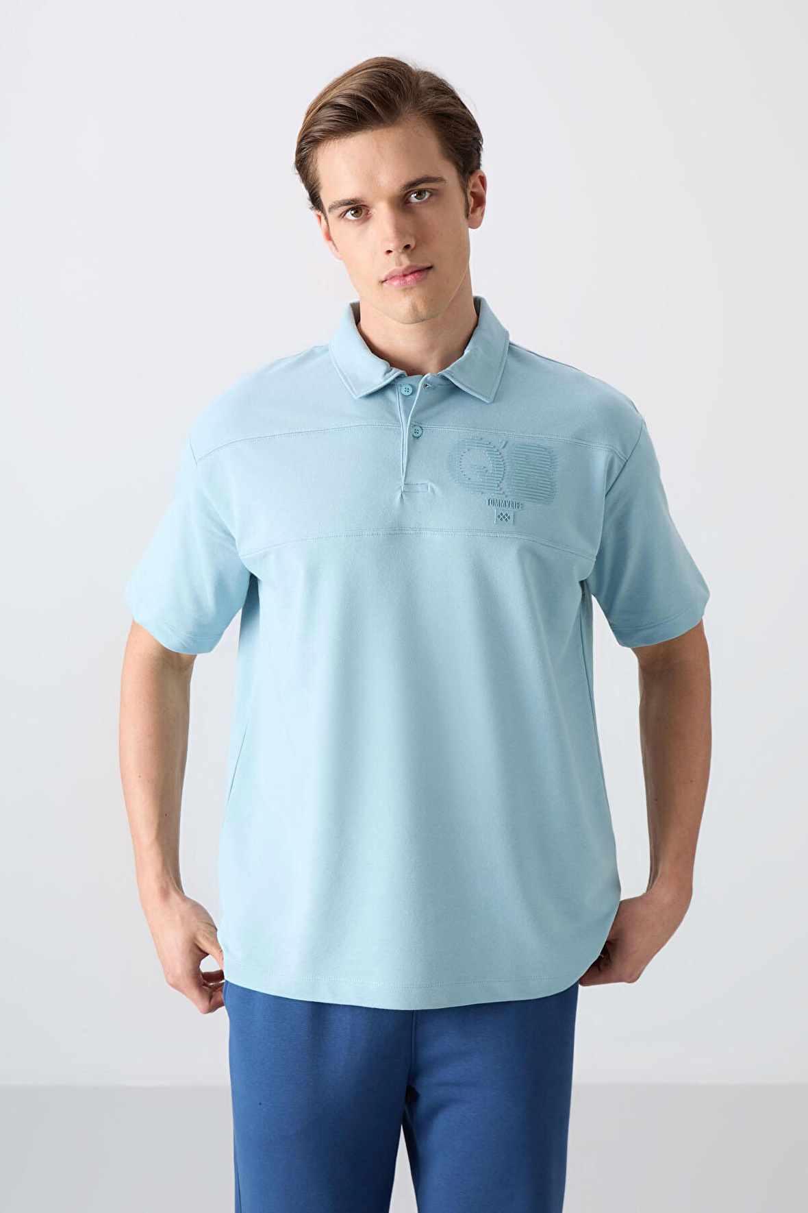 Açık Mavi Pamuklu Kalın Yumuşak Dokulu Oversize Fit Baskılı Polo Yaka Erkek T-Shirt - 88347