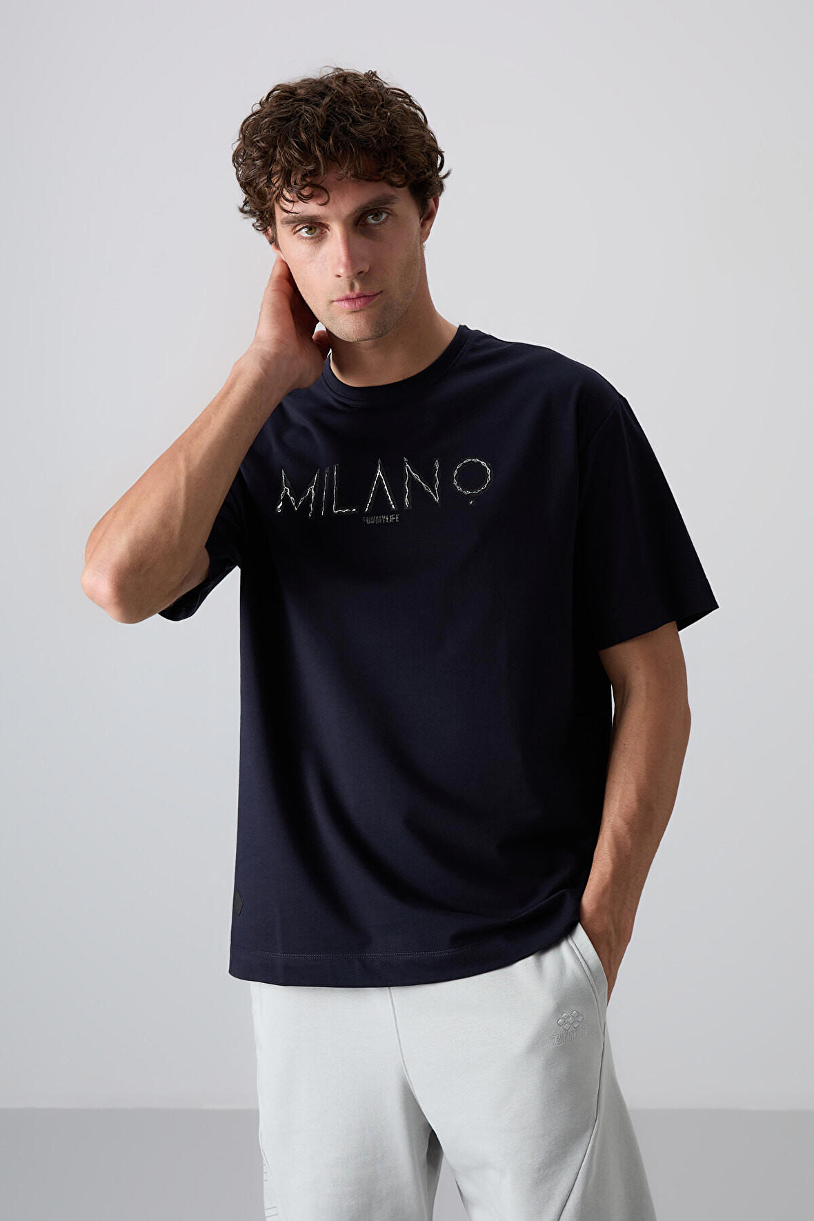 Lacivert Pamuklu Kalın Yumuşak Dokulu Oversize Fit Baskılı Erkek T-Shirt - 88345