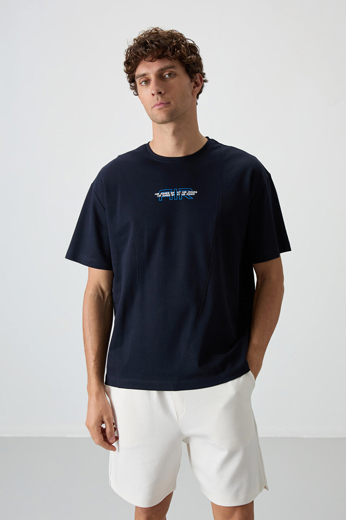 Lacivert Pamuklu Kalın Yüzeyi Dokulu Oversize Fit  Baskılı Erkek T-Shirt - 88372
