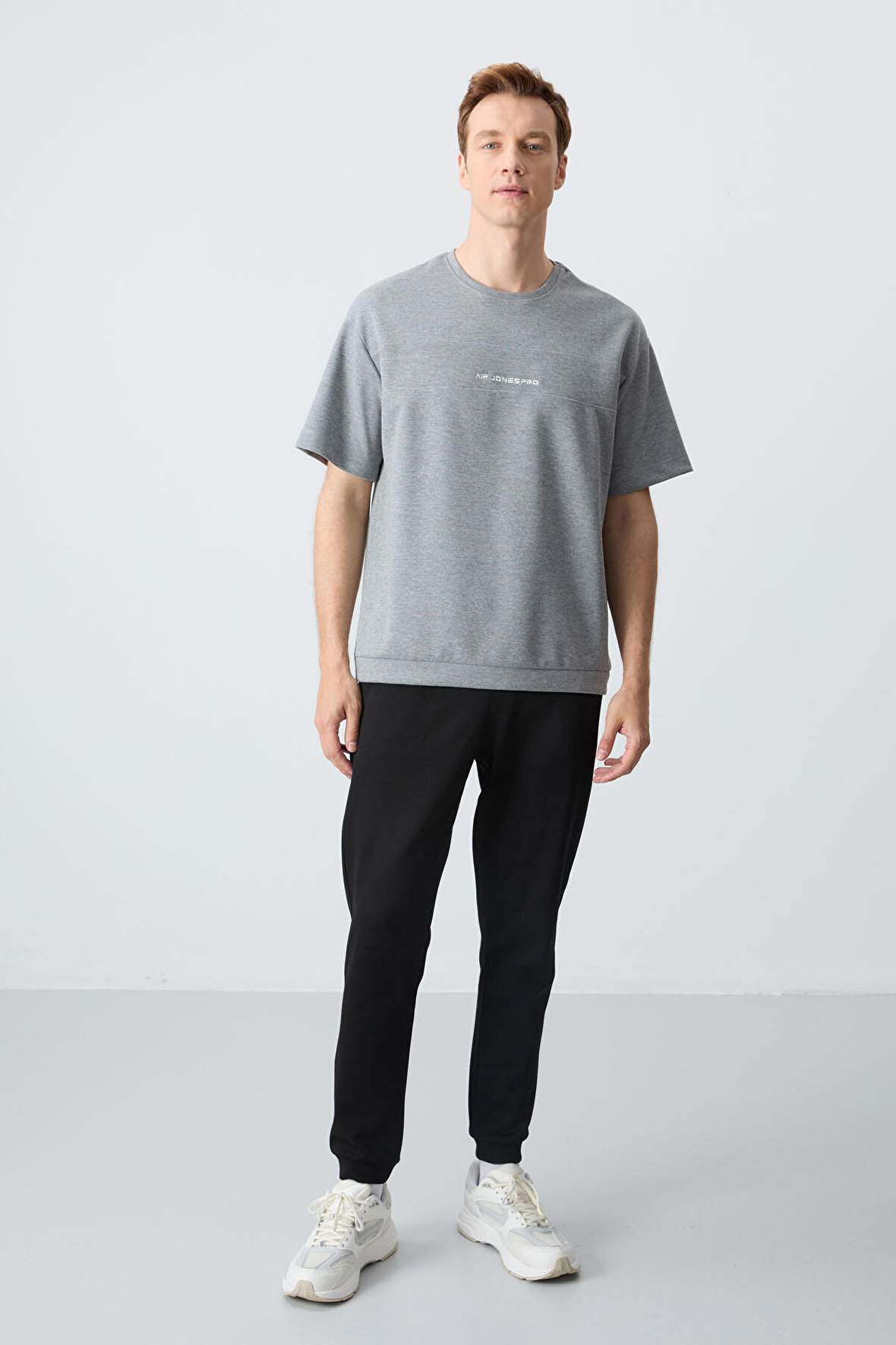 Gri Melanj  Siyah Pamuklu Kalın Yumuşak Dokulu Oversize Fit Basic Erkek Eşofman Takım - 85261
