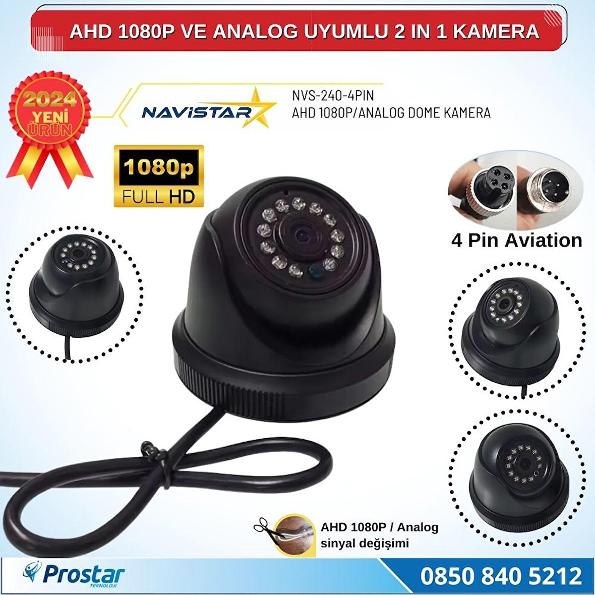 AHD 1080P ve Analog Pal Çevrilebilir 4 Pin Plastik Mini Dome Araç Kamerası