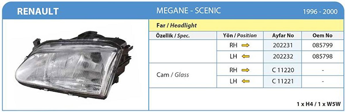 RENAULT MEGANE 1 SCENİC 1 ÖN SOL FAR LAMBASI 1996-2000 ARASI 7701040682 FAR-202232