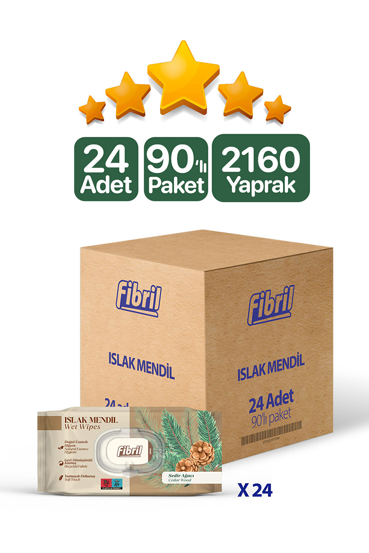 Sedir Ağacı Kokulu Islak Mendil 24x90 Lı Paket 2160 Yaprak Doğal Esans