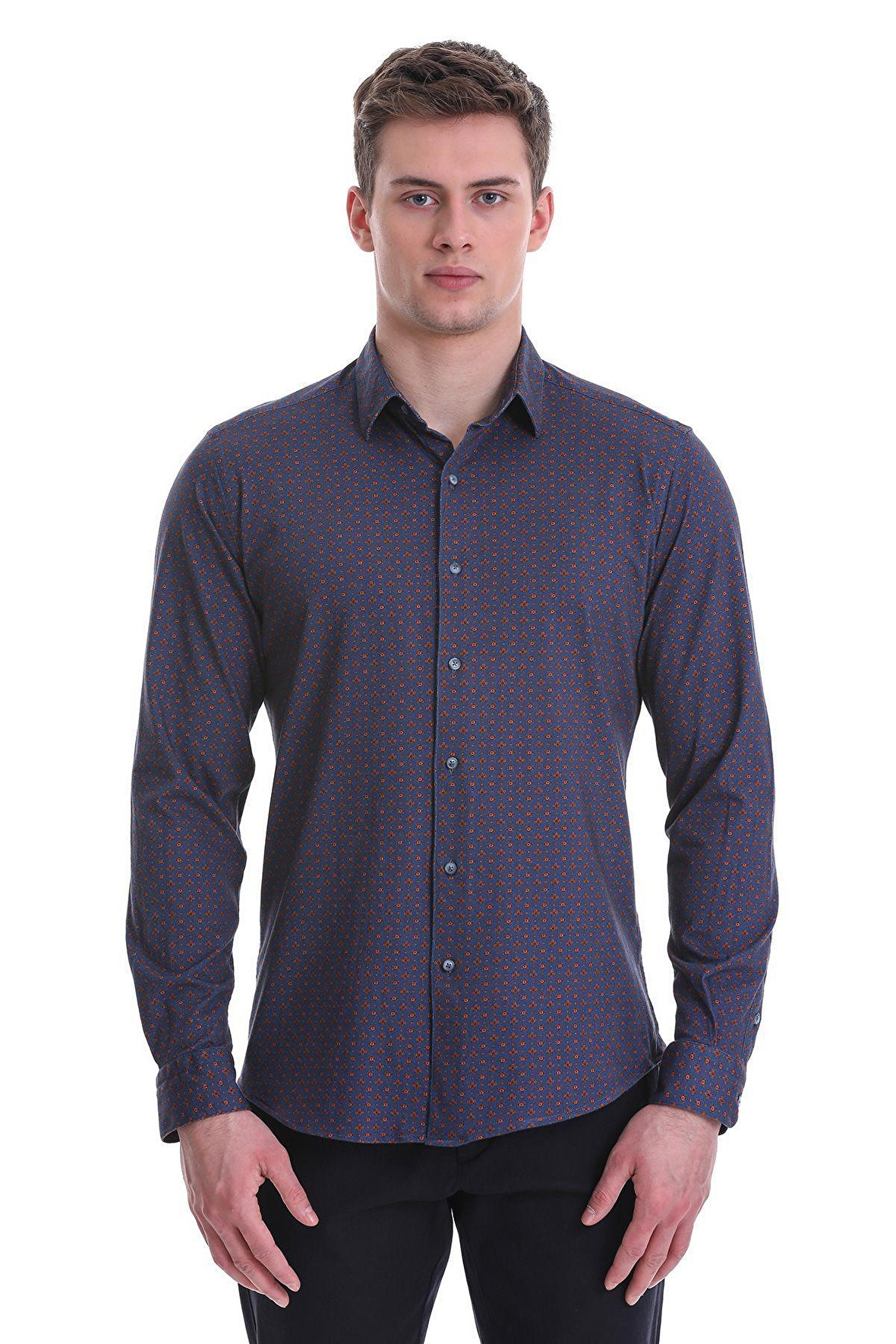 Lacivert Slim Fit Baskılı 100% Pamuklu Slim Yaka Uzun Kollu Baskılı Casual Gömlek | XS