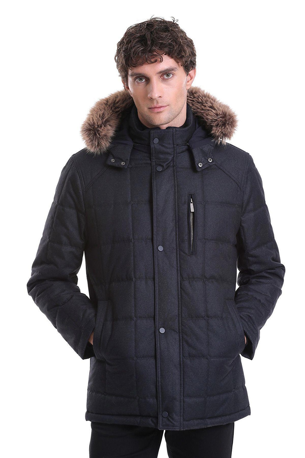 Lacivert Slim Fit Düz Hakim Yaka Kürklü Kapüşonlu Kaban | L