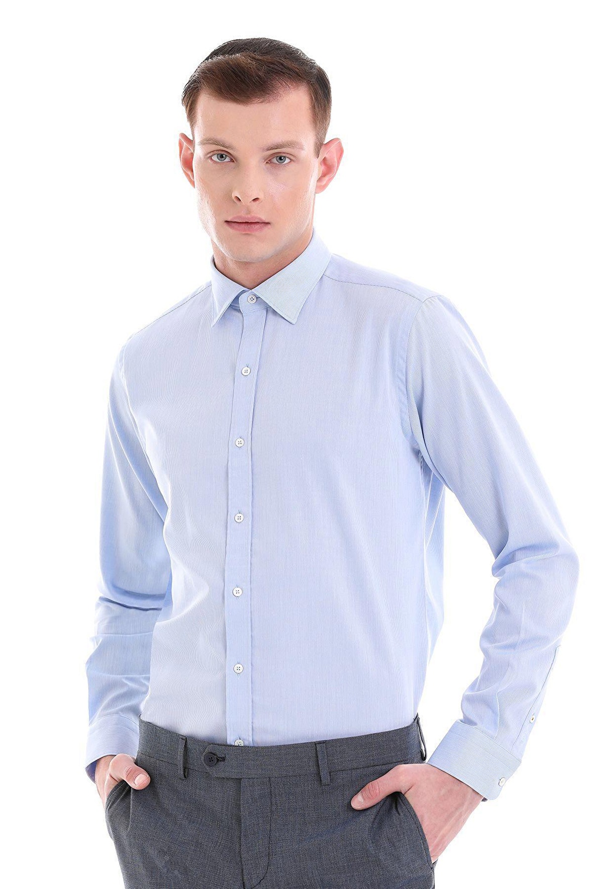 Mavi Comfort Fit Desenli 100% Pamuklu Slim Yaka Uzun Kollu Spor Gömlek | M