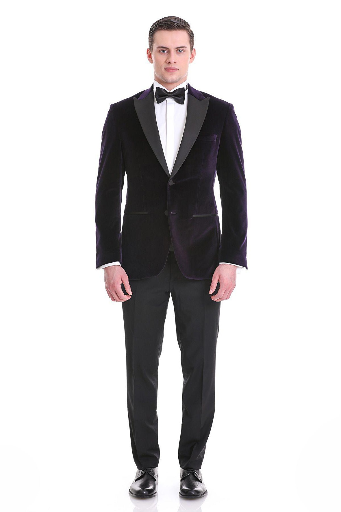 Mor Slim Fit Düz Sivri Yaka Kadife Klasik Smokin Damatlık | 50