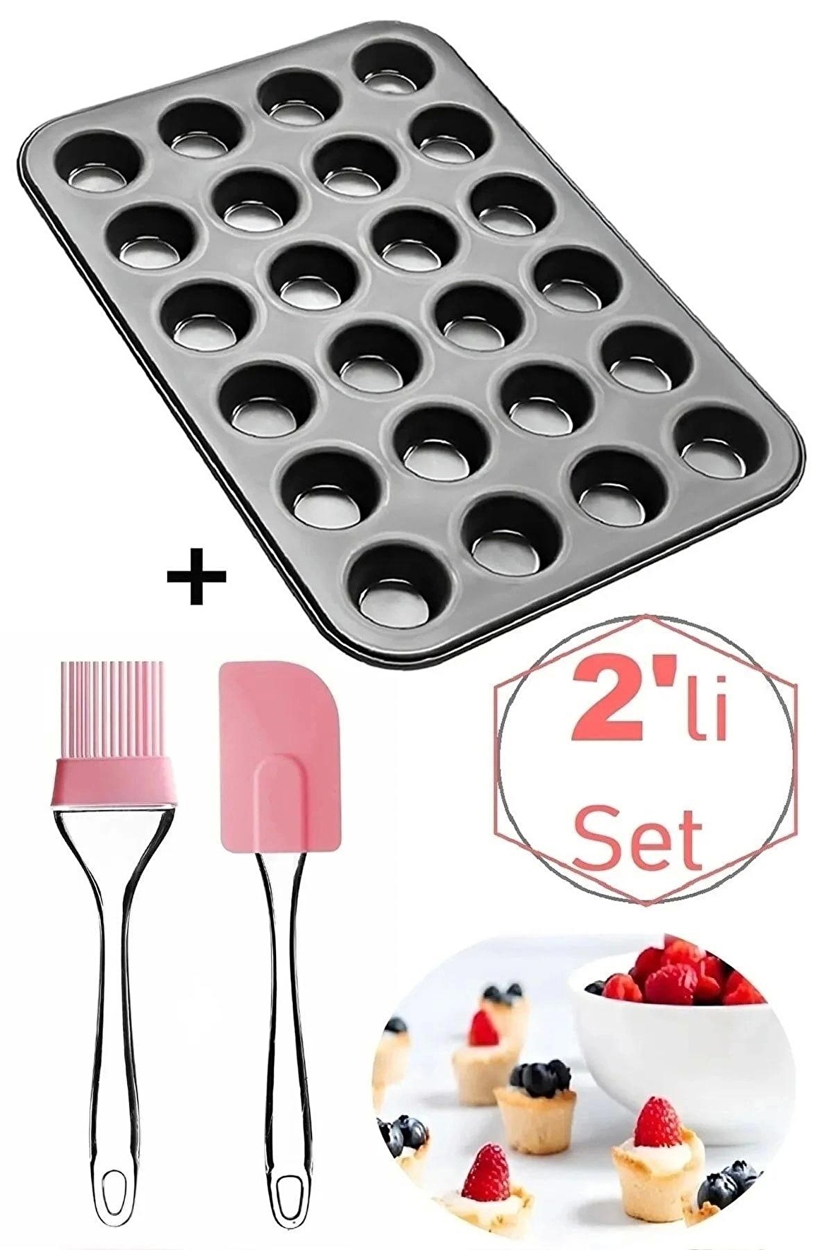 24 Lü Muffin Mini Kek Kalıbı Cup Fırça Spatula Set Pasta Kek Çörek Hazırlama Pişirme 2 Li Set