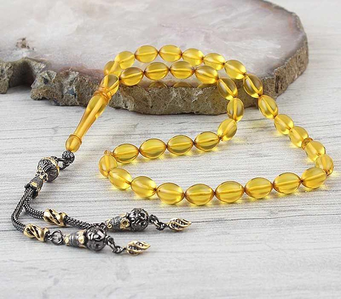 Rodaj Kaplama Gümüş Püsküllü Sıkma Kehribar Tesbih 12g6470d26