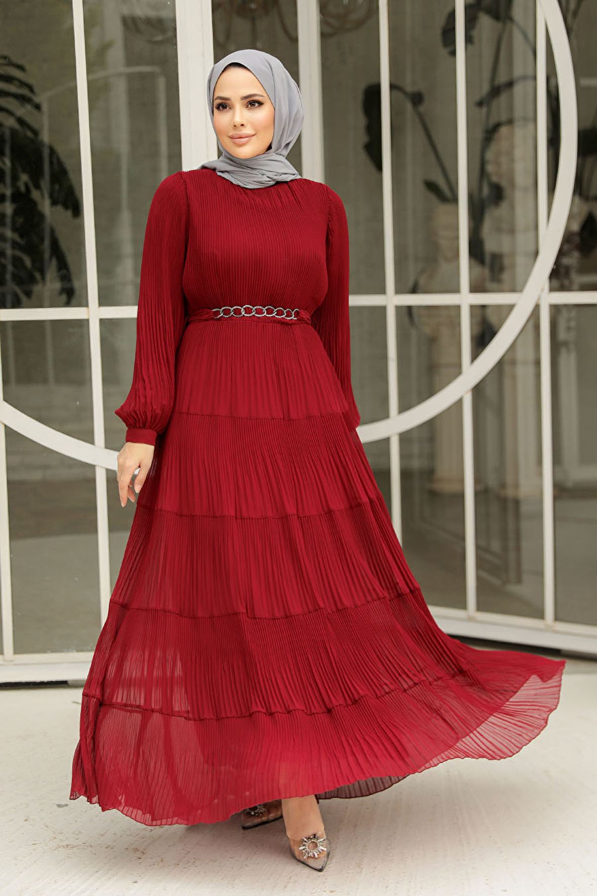 Kat Piliseli Bordo Tesettür Elbise 44761BR