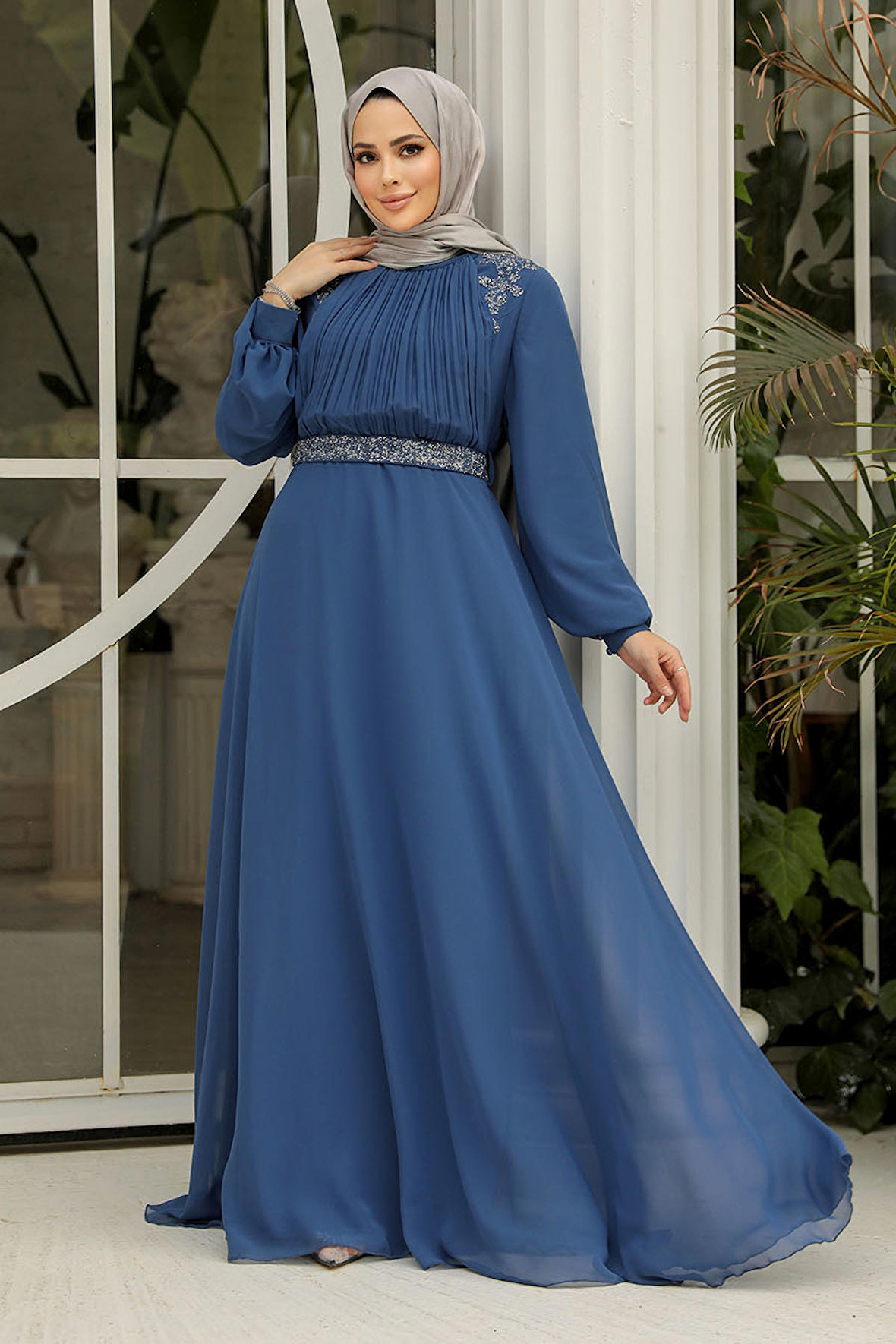 Drape Detaylı İndigo Mavisi Tesettür Abiye Elbise 25879IM
