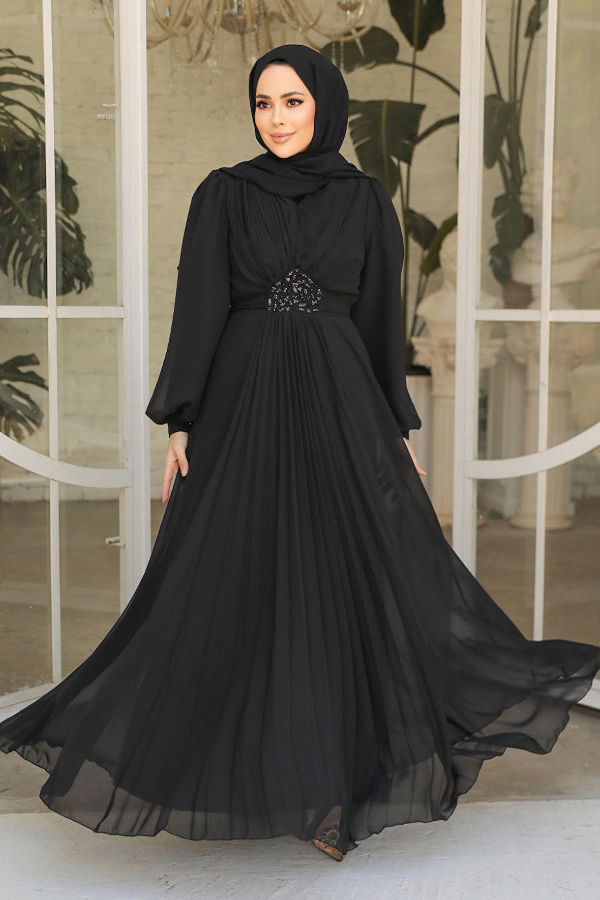 Drape Detaylı Siyah Tesettür Abiye Elbise 4448S