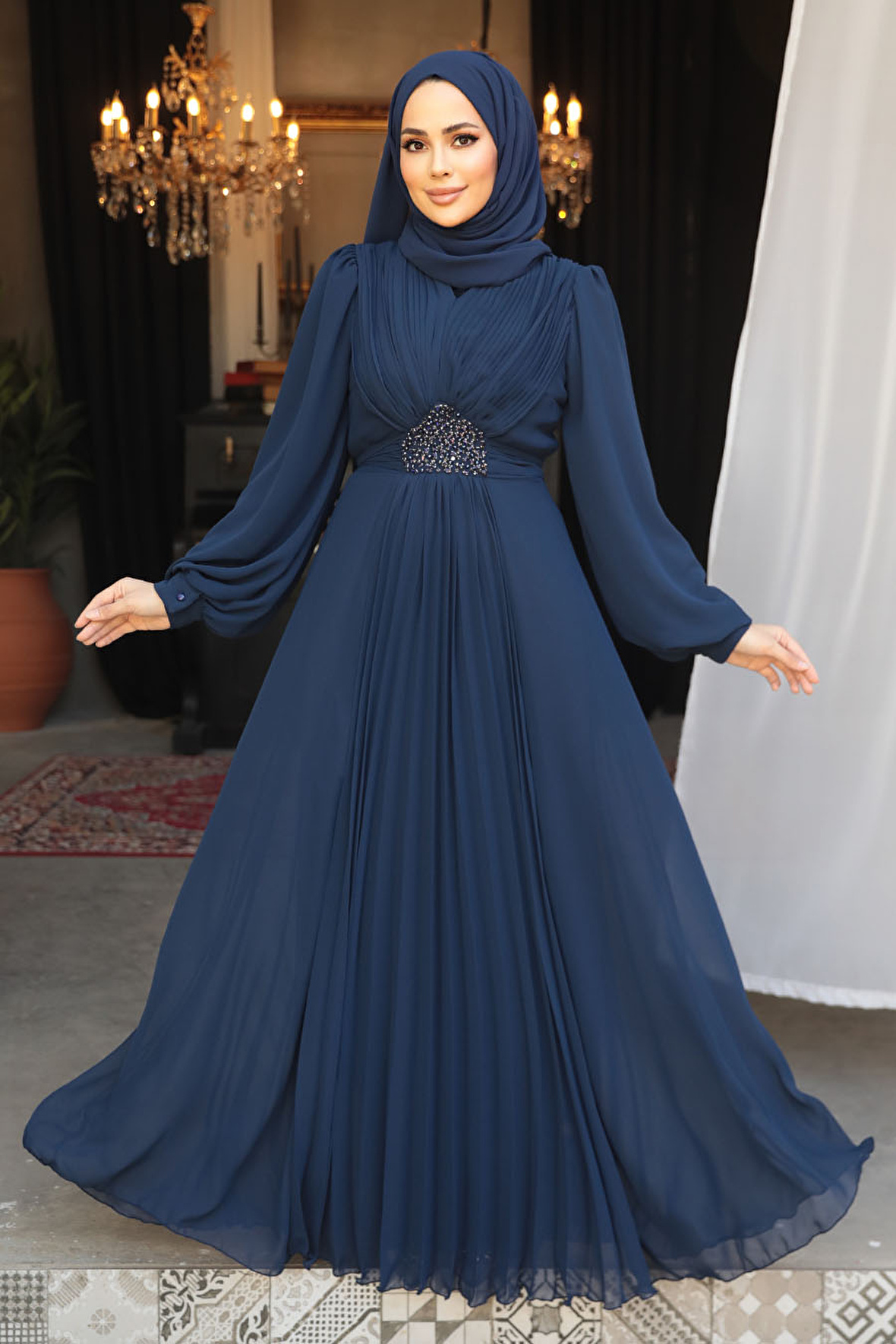 Drape Detaylı Lacivert Tesettür Abiye Elbise 4448L