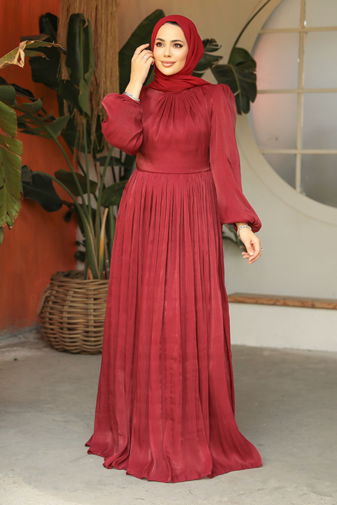 Balon Kol Bordo Tesettür Abiye Elbise 45191BR