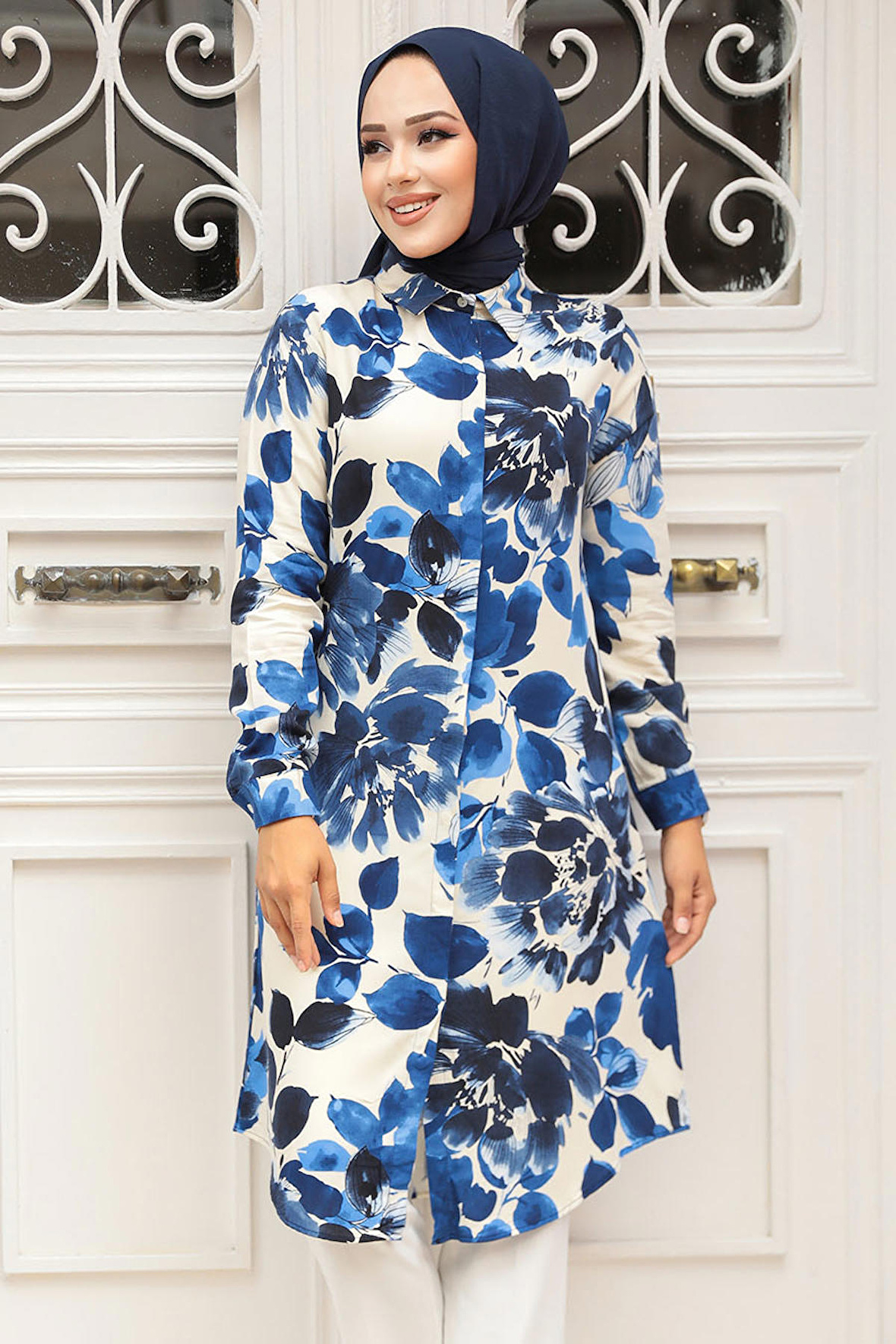 Desenli Lacivert Tesettür Tunik 11693L