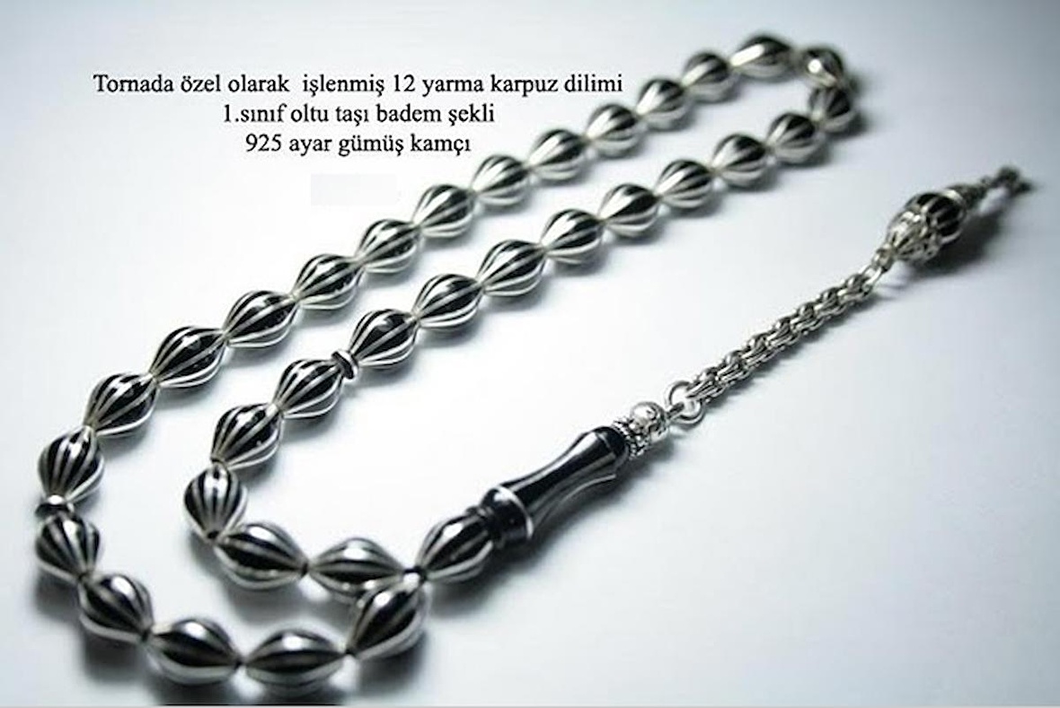 925 Ayar Gümüş El İşçilikli 12 Yarma Karpuz Dilim İşlemeli Oltu Tesbih