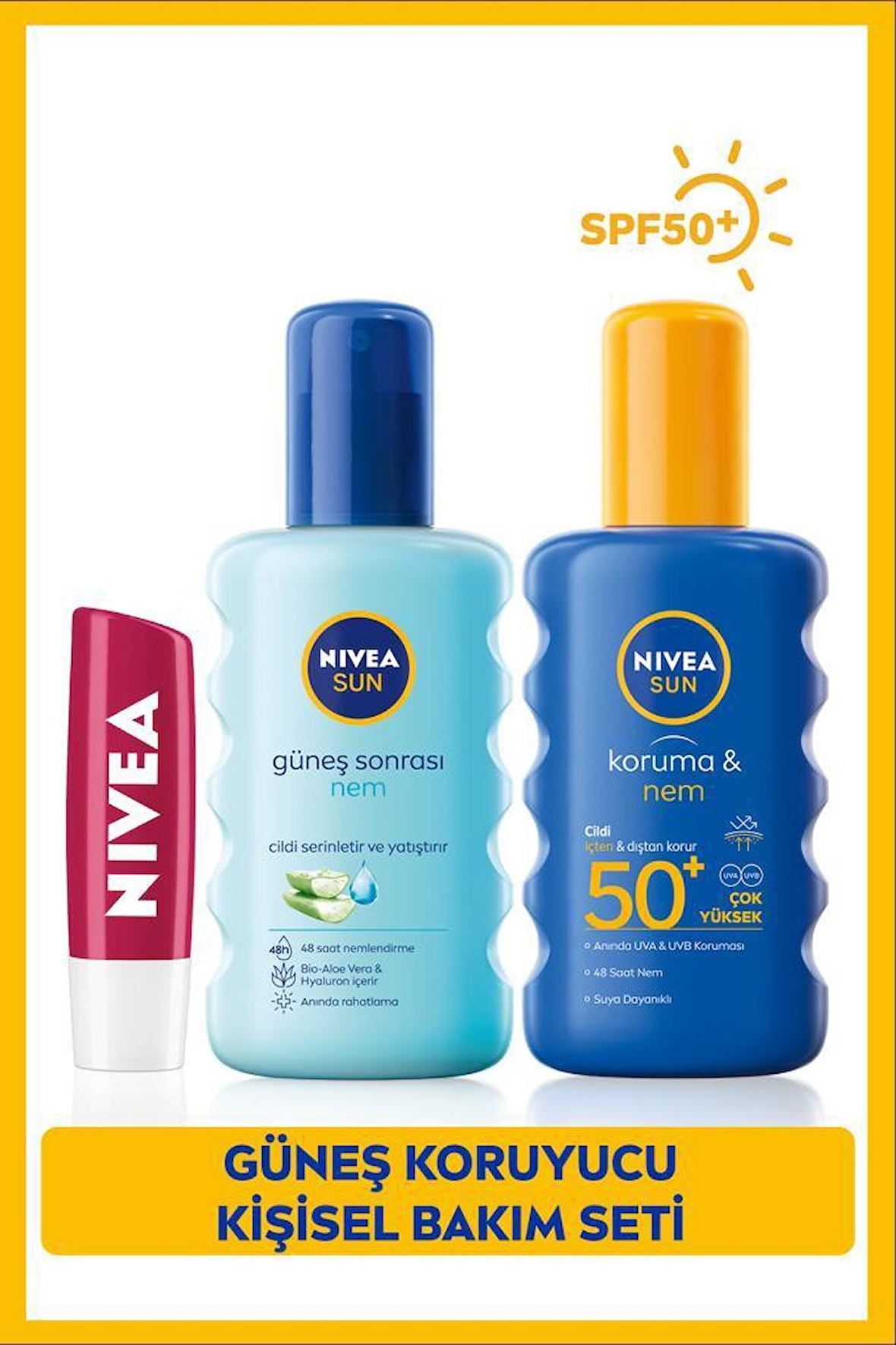 SUN Güneş Koruyucu Sprey SPF50 200ml, Güneş Sonrası Nemlendirici Sprey 200ml, Dudak Bakım Kremi