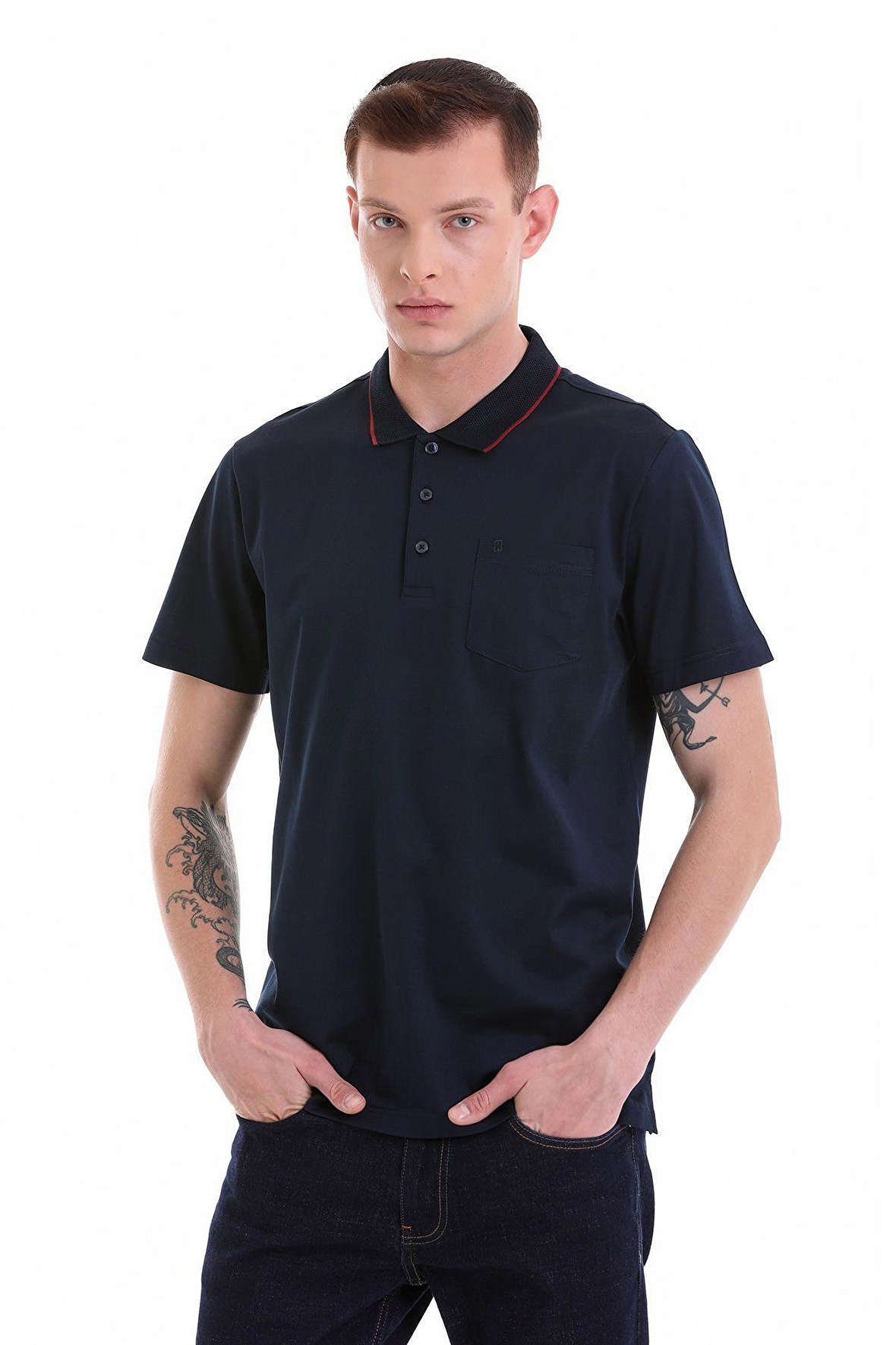 Lacivert Regular Fit Cepli Polo Yaka Merserize Pamuk T-shirt | L