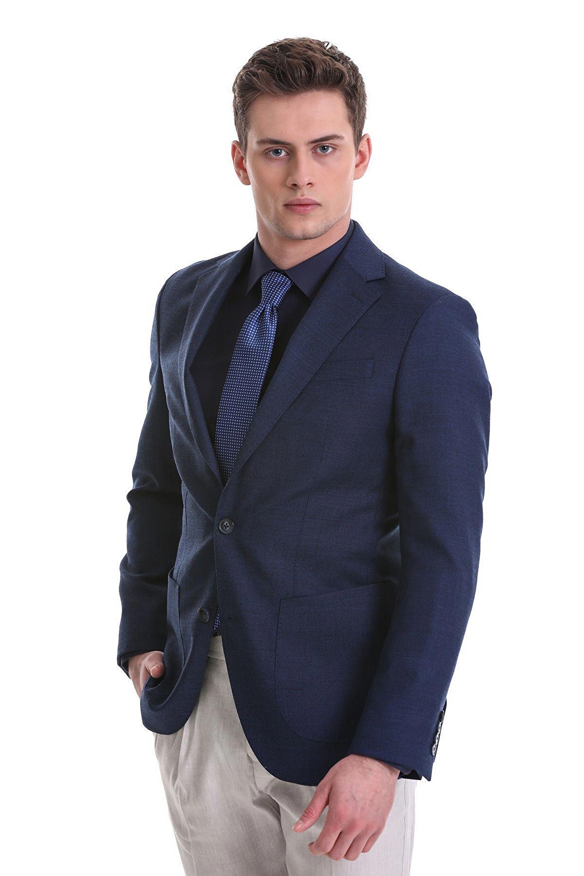 Lacivert Slim Fit Desenli Mono Yaka Klasik Ceket | 50