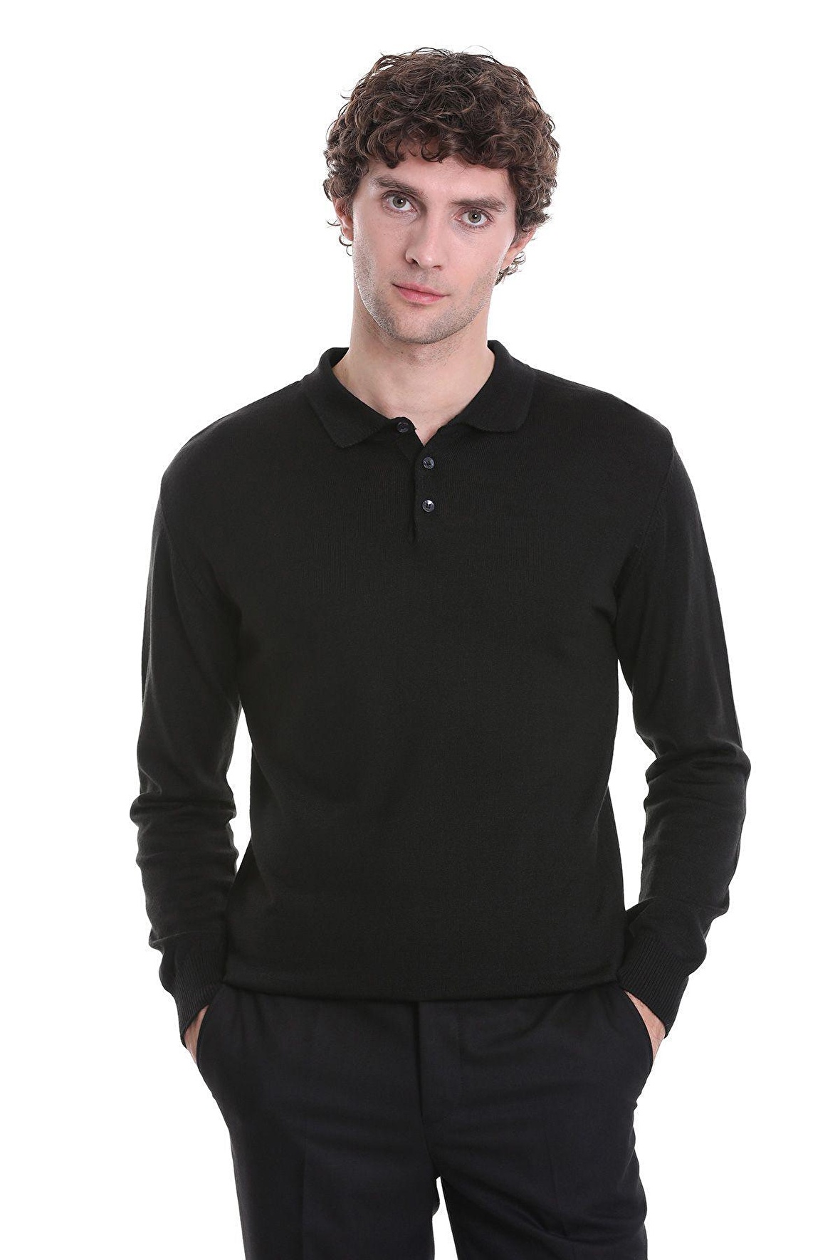 Siyah Regular Fit Düz Polo Yaka Triko Kazak | S