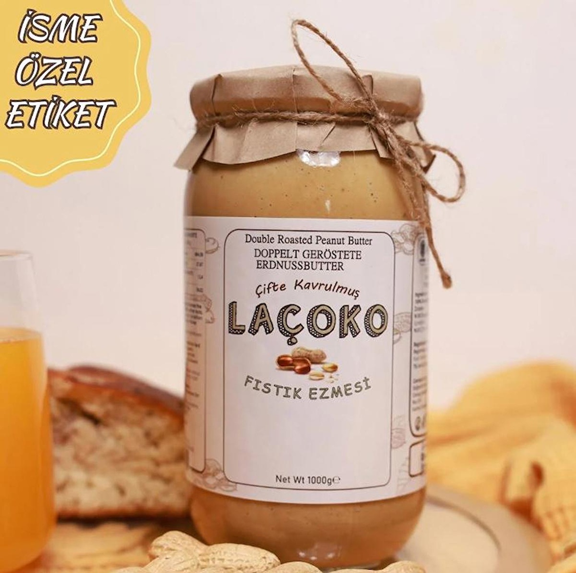 LAÇOKO 1 Kg İsme – Kişiye Özel Şekersiz, Saf, Katkısız Fıstık Ezmesi Glutensiz, Vegan, Doğal Çifte Kavrulmuş Yer Fıstığı Ezmesi (1 KG) Peanut Butter