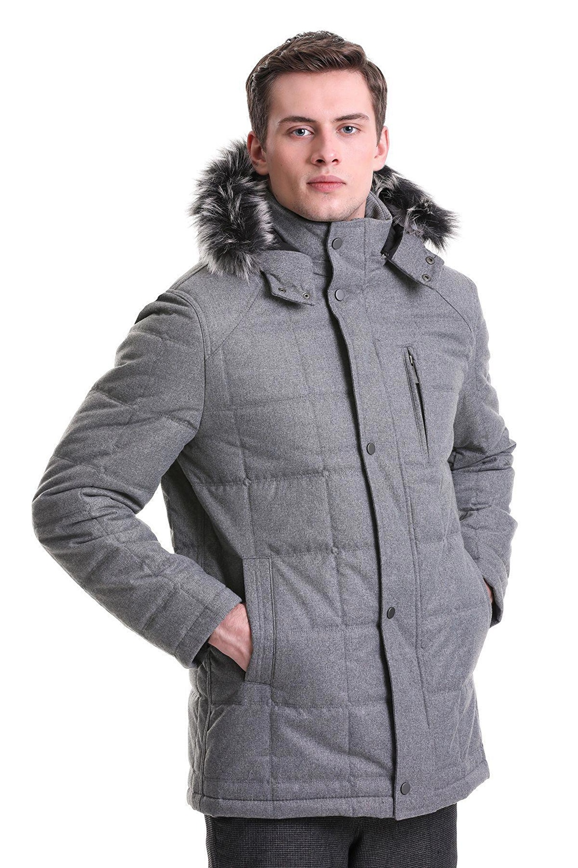 Gri Slim Fit Hakim Yaka Kürklü Kapüşonlu Kaban | S