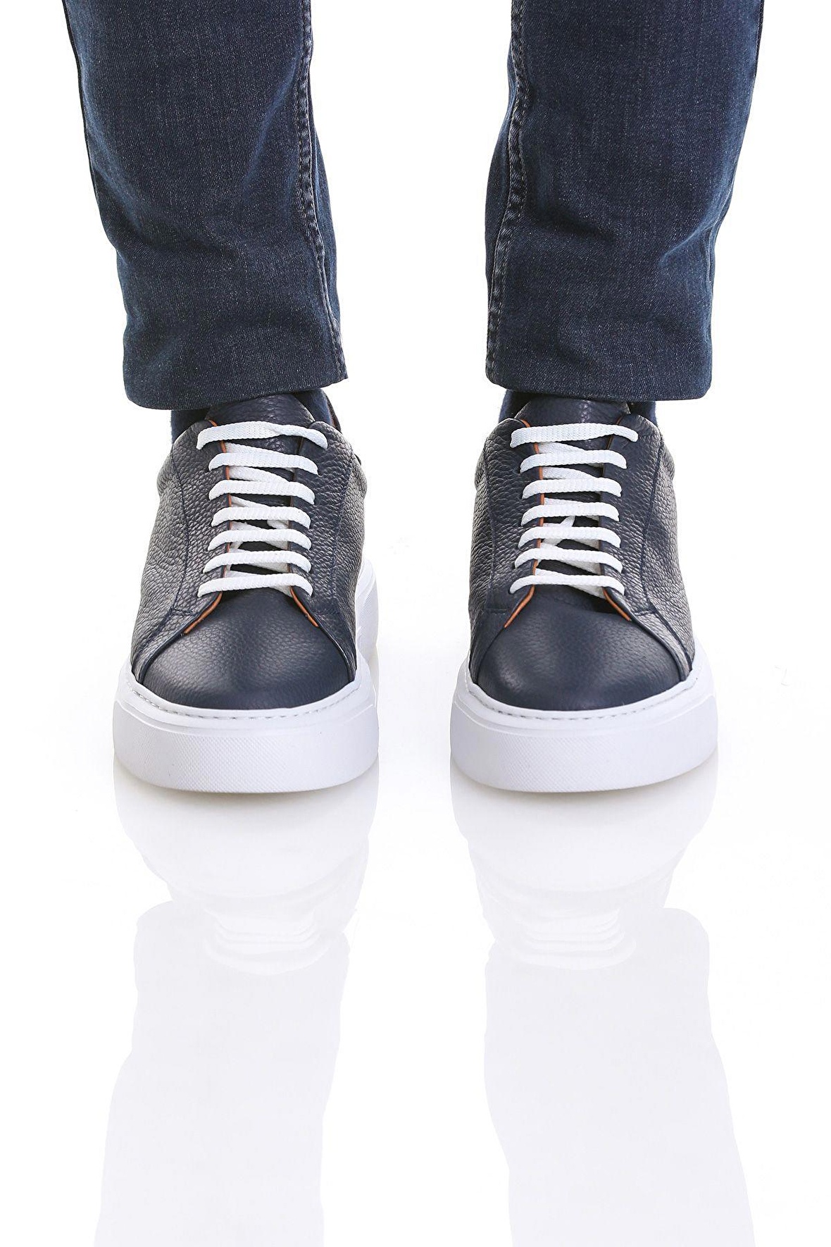Lacivert Casual Bağcıklı Deri Sneakers | 43