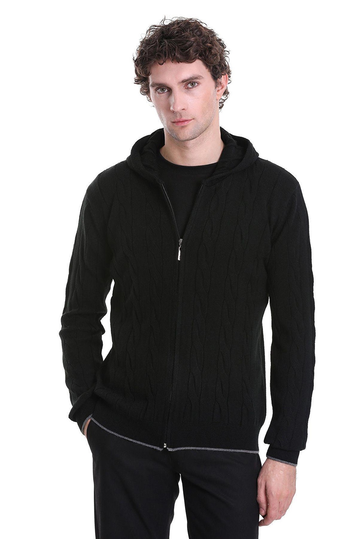 Siyah Regular Fit Jakarlı Yarım Fermuarlı Kapüşonlu Triko Kazak | XL