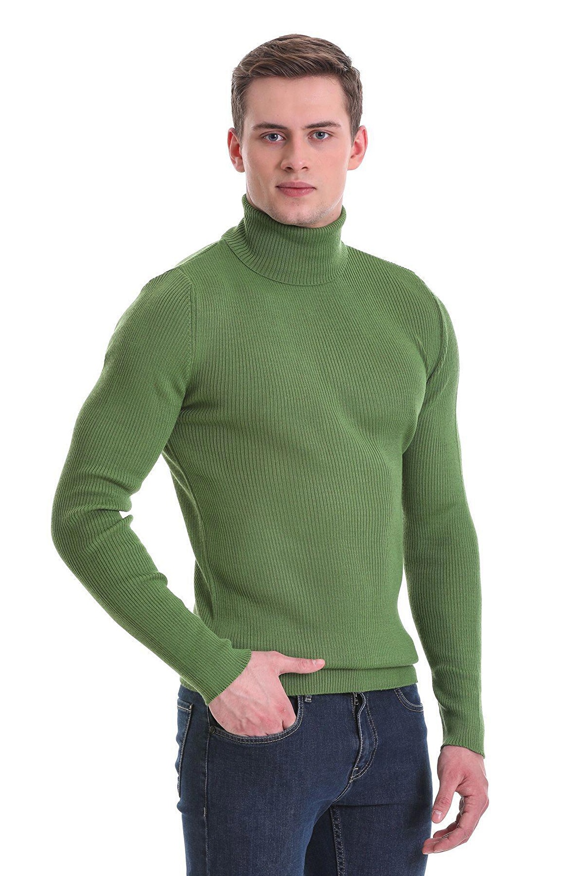 Yeşil Slim Fit Fitilli Balıkçı Yaka Yünlü Triko Kazak | L