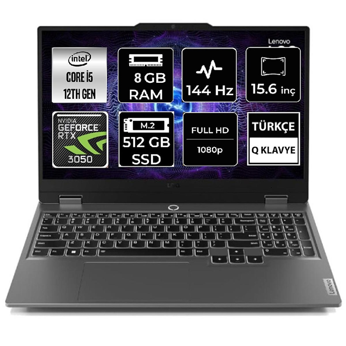 Lenovo LOQ 15IAX9 83GS007VTR i5-12450HX 8GB 512GB SSD RTX3050-6GB 95W 15.6'' FreeDos Taşınabilir Bilgisayar