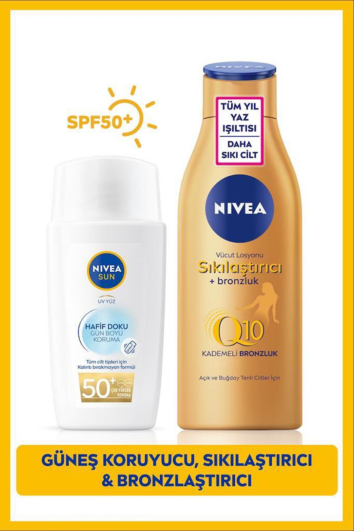 SUN Hafif Dokulu Güneş Yüz Kremi SPF50 40ml ve Q10 Sıkılaştırıcı Bronzluk Vücut Losyonu 200ml