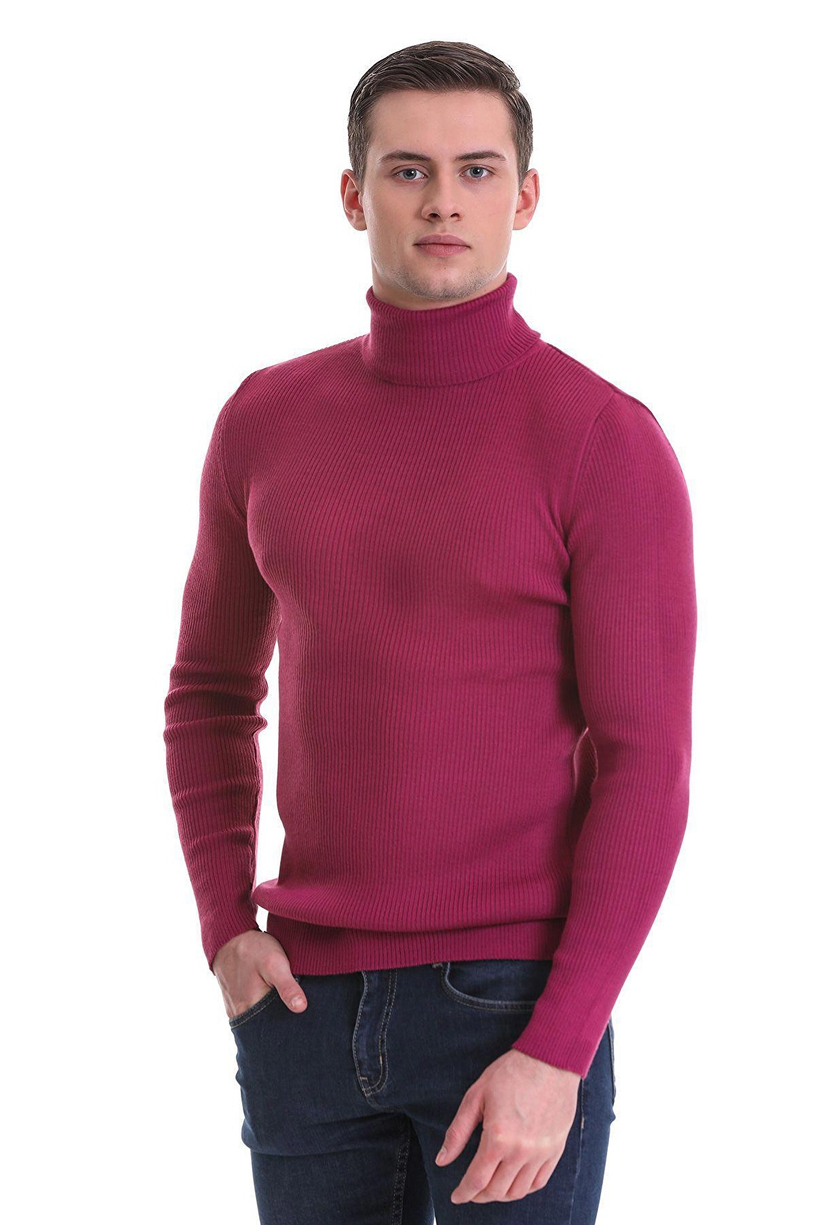 Fuşya Slim Fit Fitilli Balıkçı Yaka Yünlü Triko Kazak | M